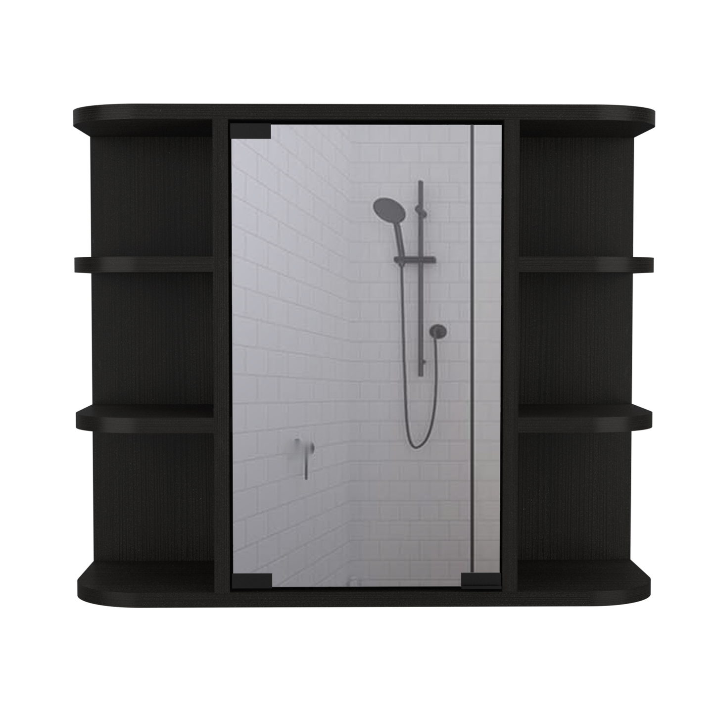 Modern black wall cabinet with mirrored door and open shelves for bathroom storage