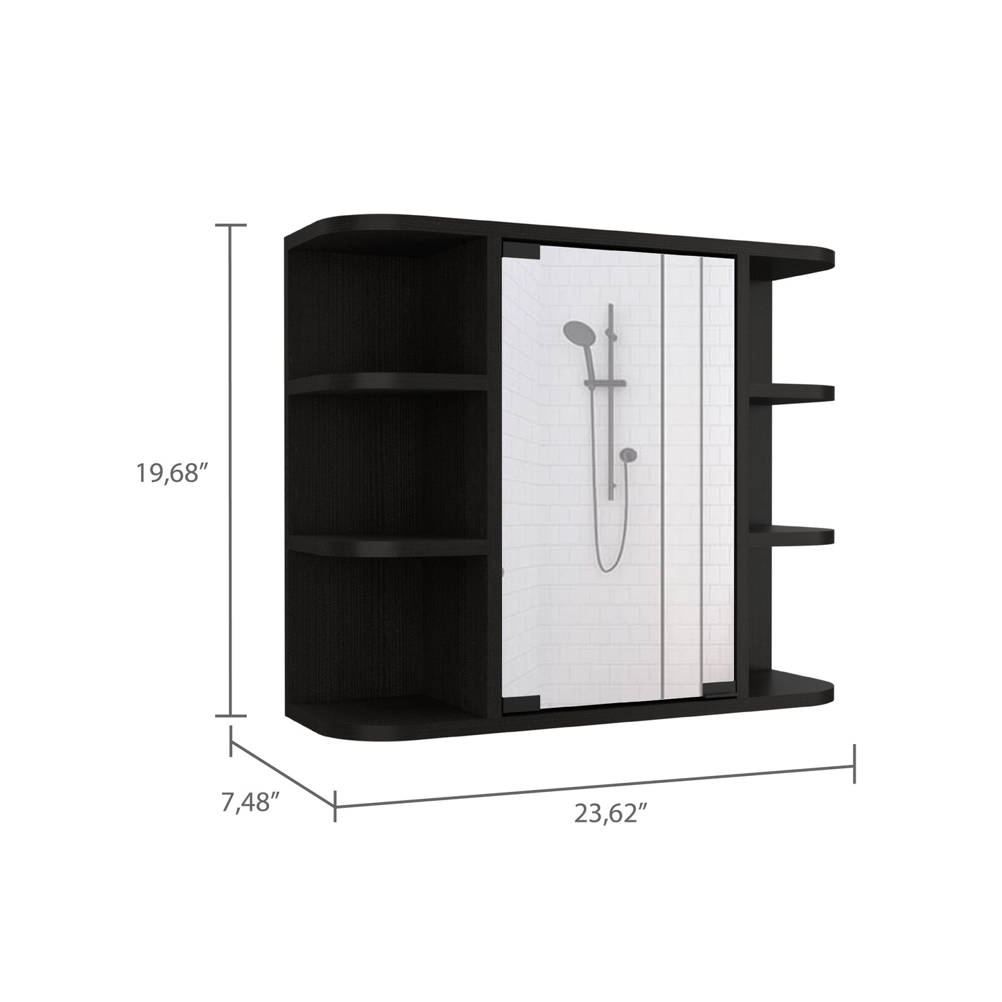 Modern black bathroom medicine cabinet with mirrored doors and open shelving