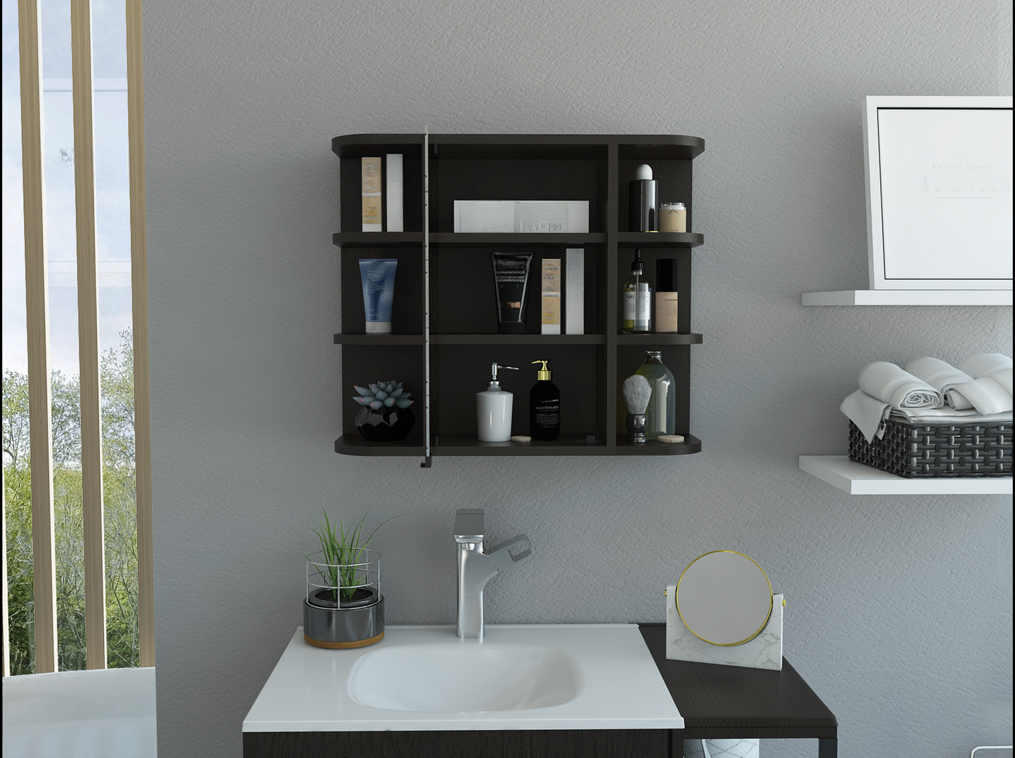 Dark wood bathroom shelf with toiletries bottles and decorative items