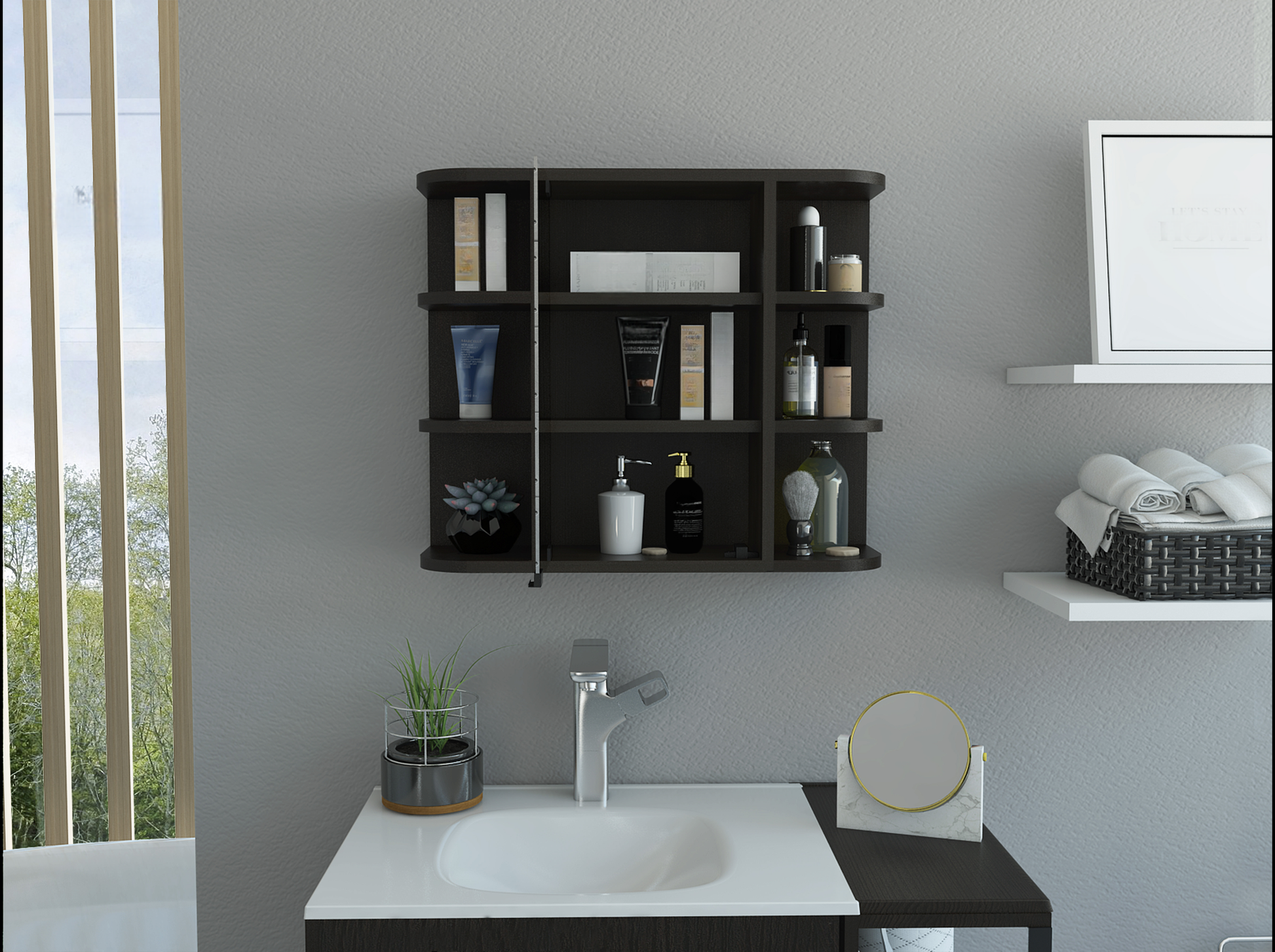 Dark wood bathroom shelf with toiletries bottles and decorative items
