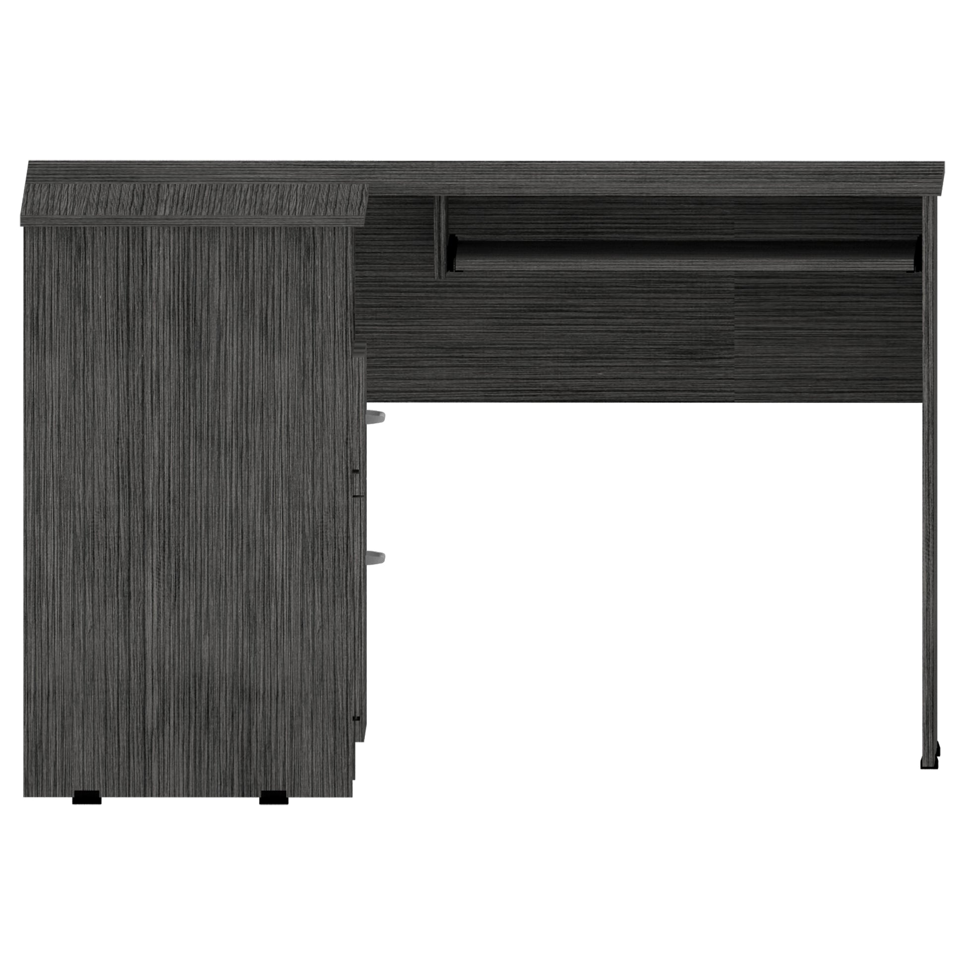Dark grey wood finish desk with drawers and keyboard tray