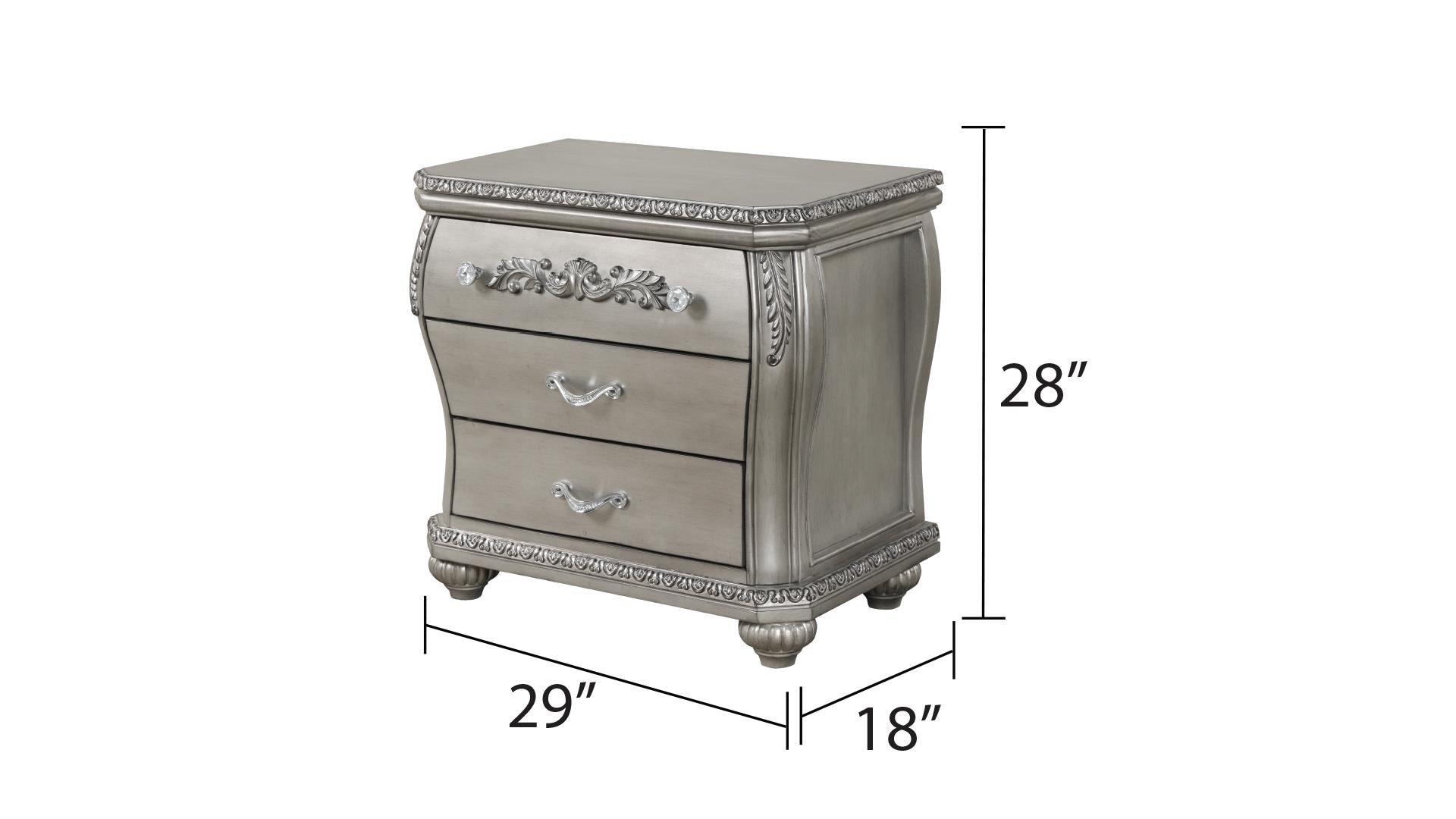 Silver ornate drawer nightstand with crystal and ornate drawer pulls