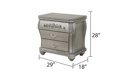 Silver ornate drawer nightstand with crystal and ornate drawer pulls