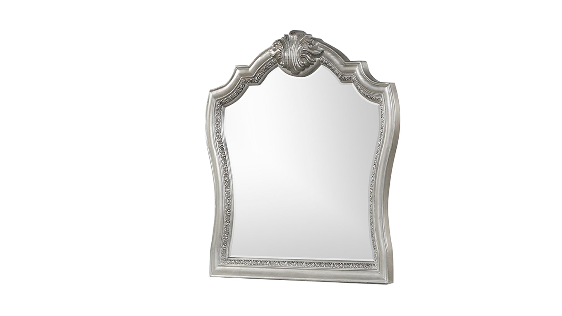 Ornate silverfinished decorative wall mirror with carved scrolling details