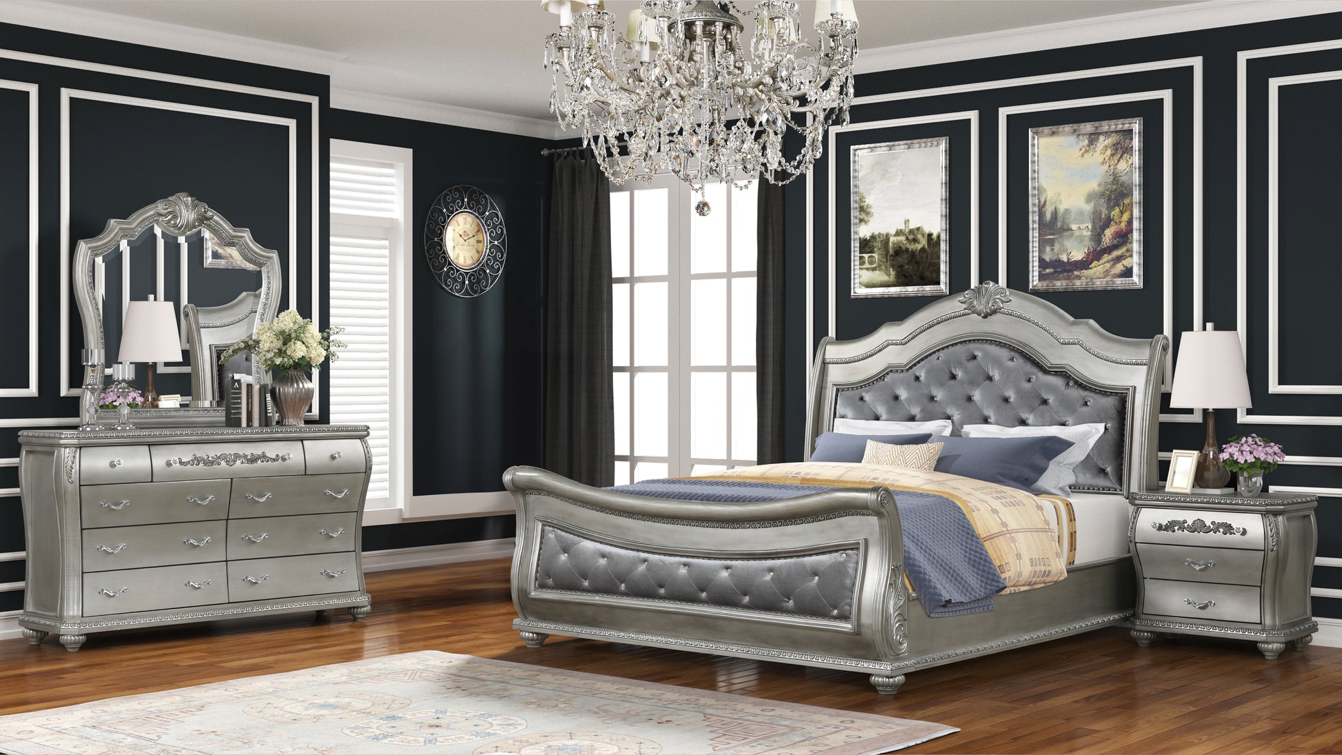 Luxurious silver tufted sleigh bed with crystal accents and ornate detailing