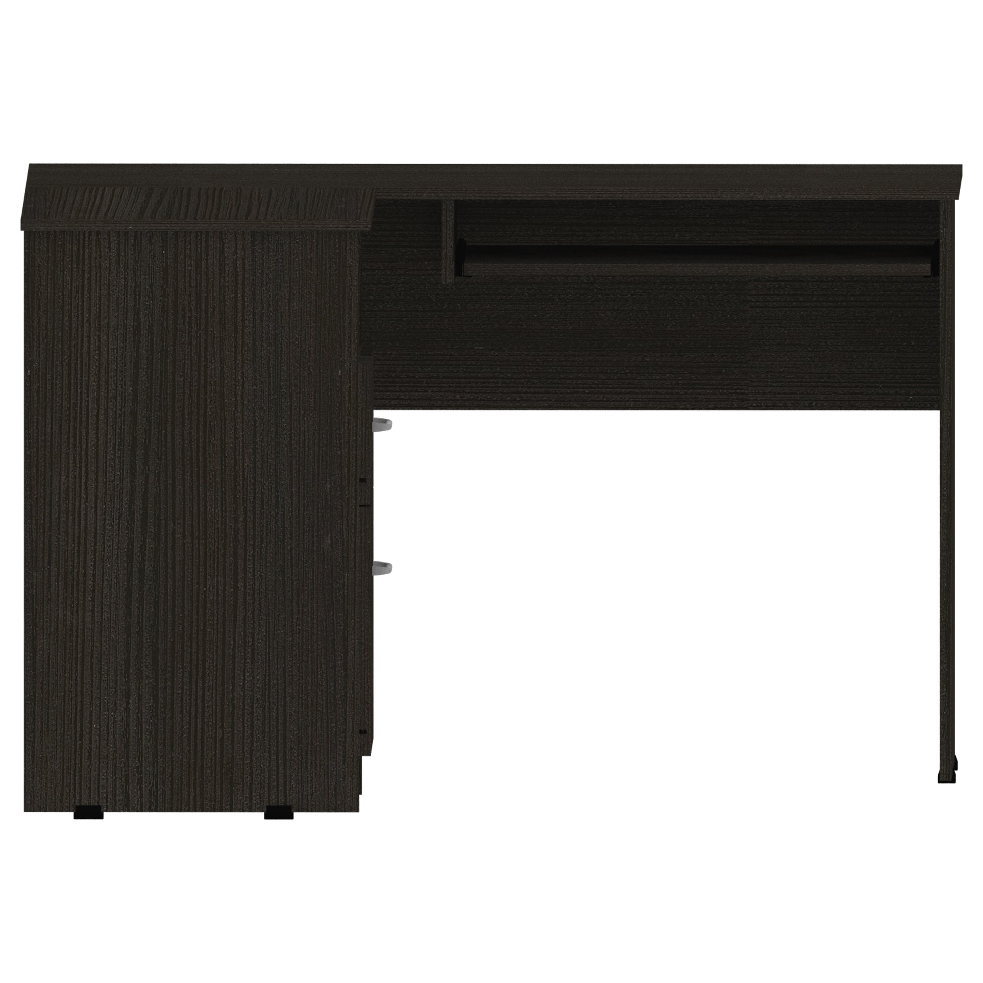 Dark wood computer desk with three drawers and a pullout keyboard tray