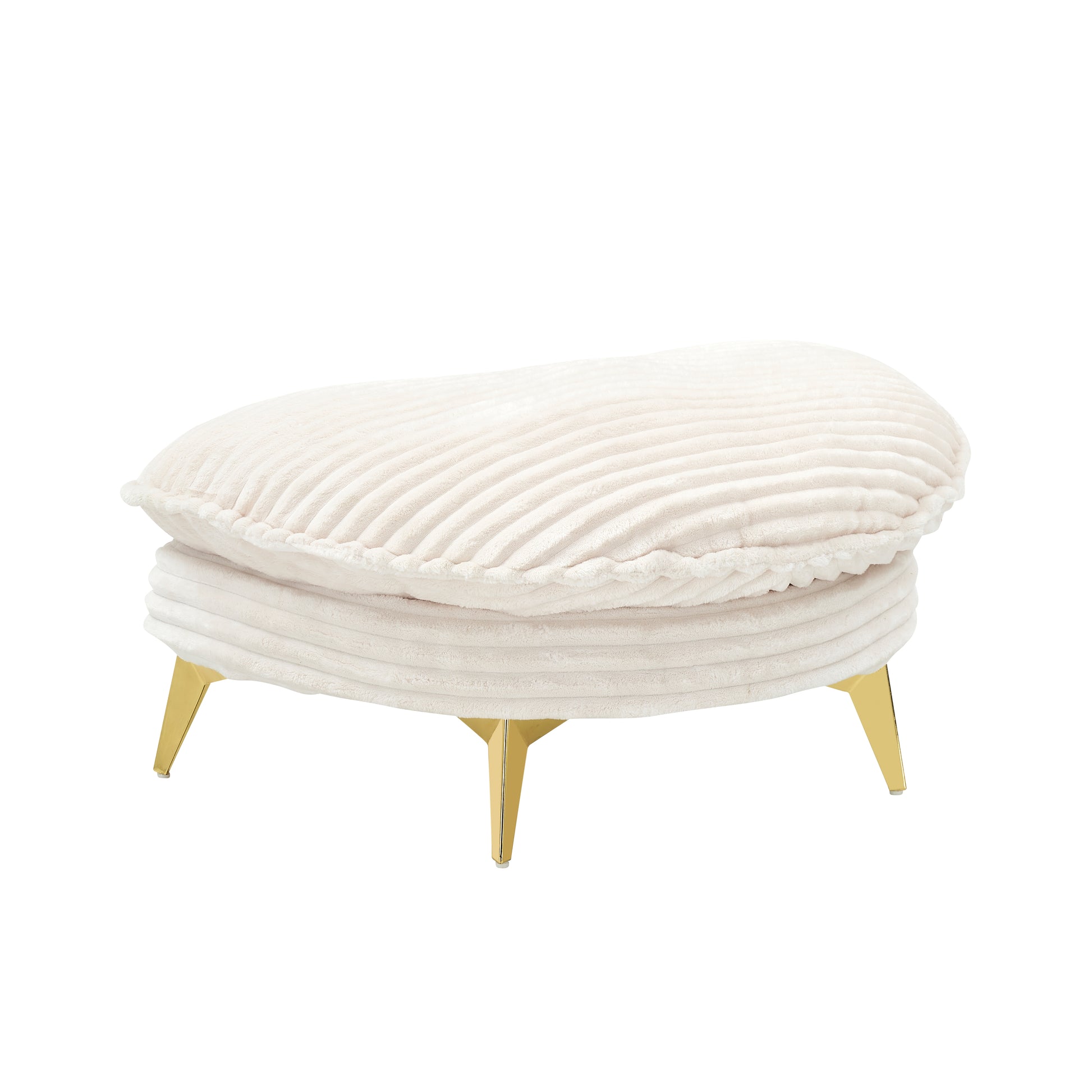 Cream corduroy ottoman with plush cushioning and gold tapered legs
