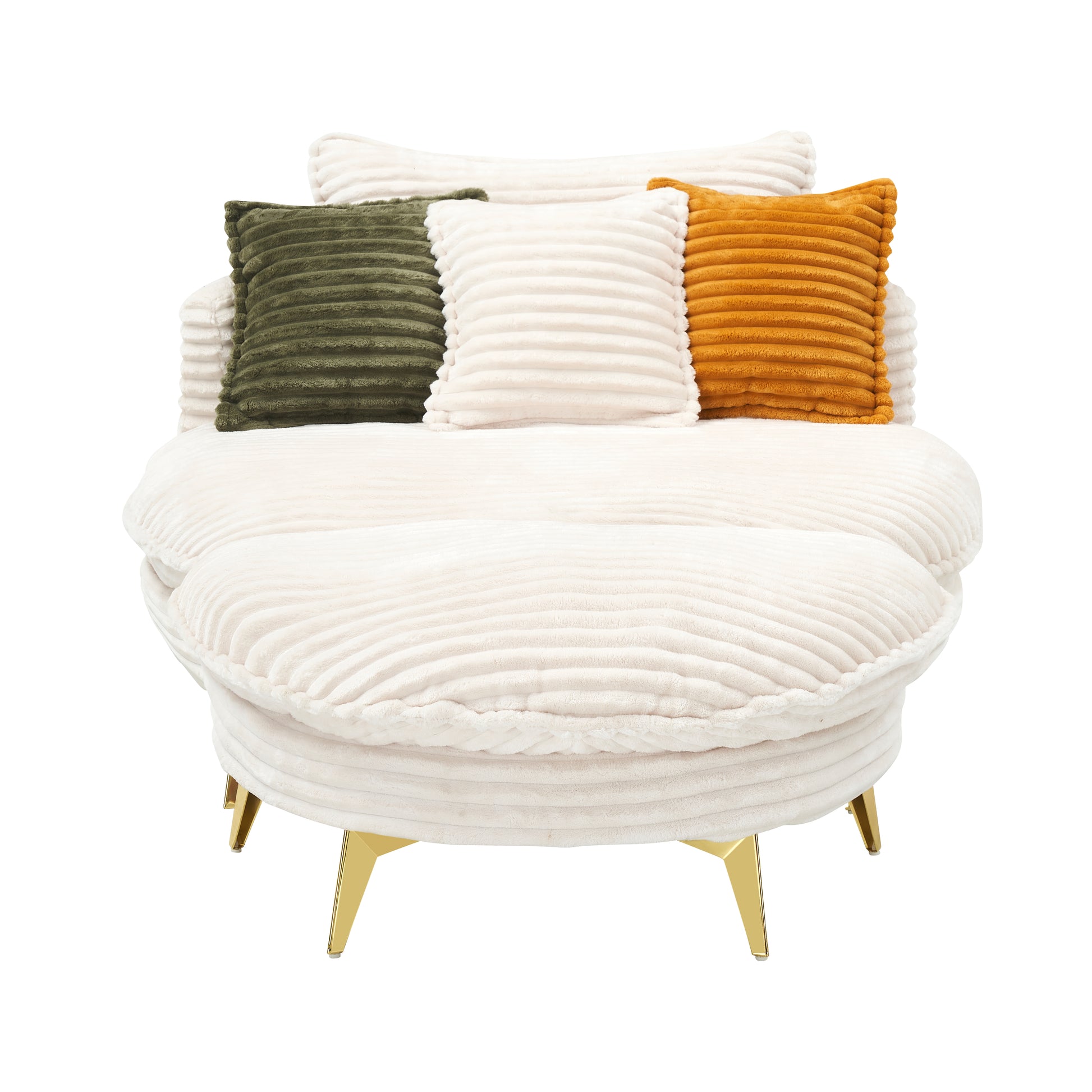 Plush cream corduroy accent chair with olive green ivory and mustard throw pillows