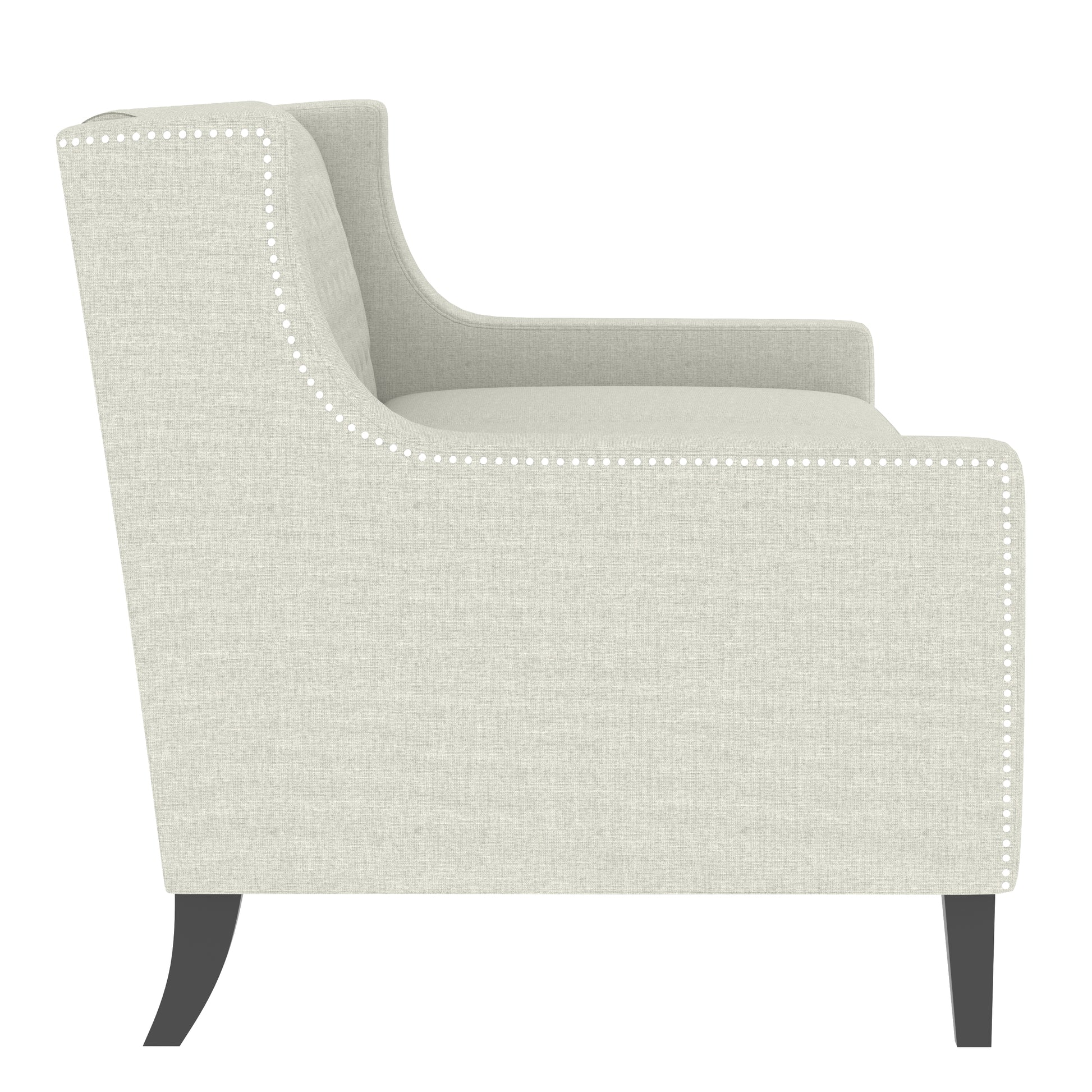 Cream linen wingback accent chair with silver nailhead trim and dark wood legs