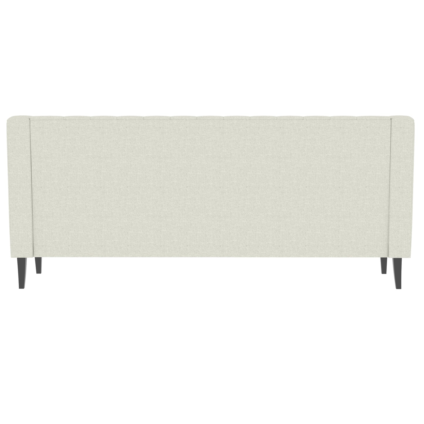 Cream fabric headboard with subtle tufting and dark tapered legs for modern bedroom
