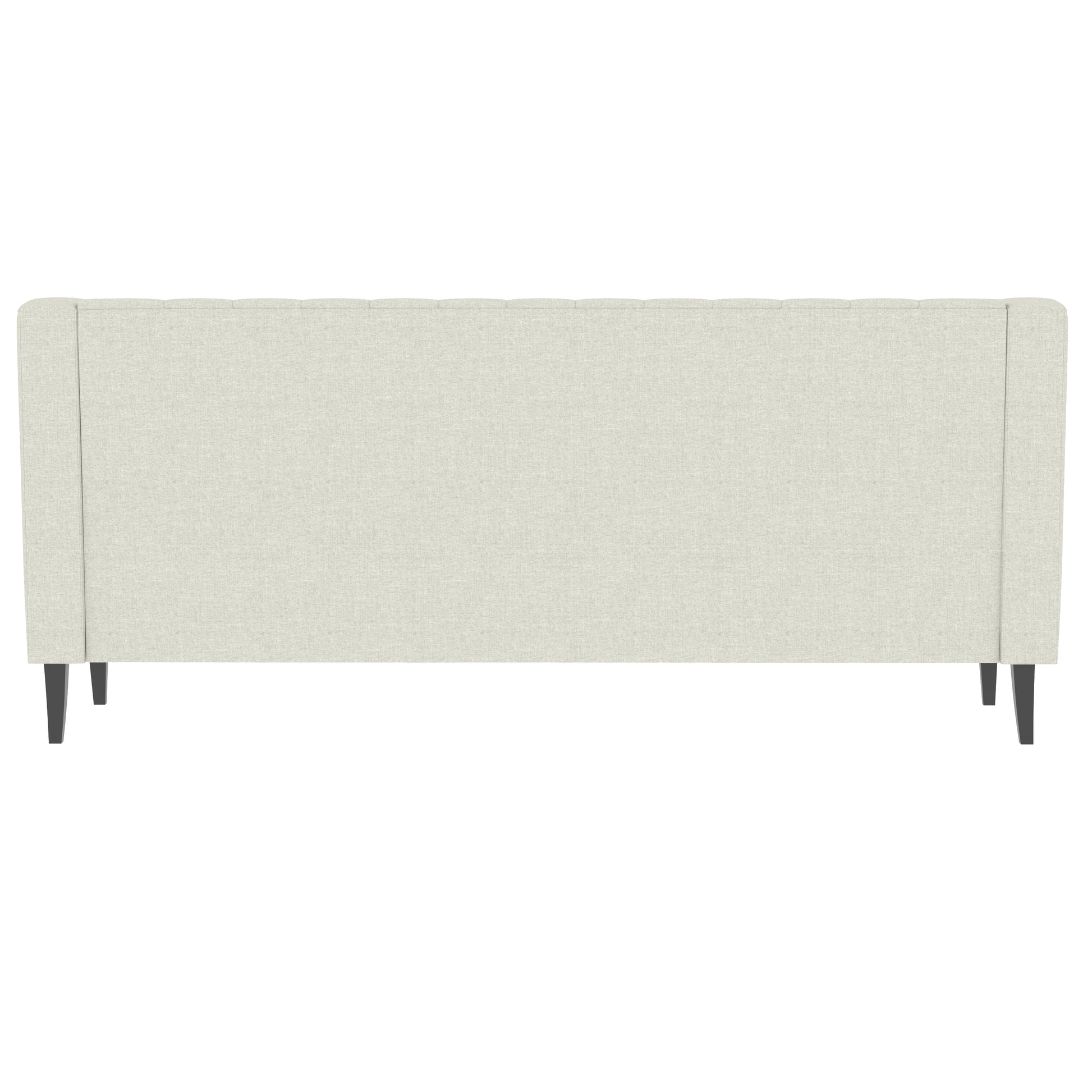 Cream fabric headboard with subtle tufting and dark tapered legs for modern bedroom
