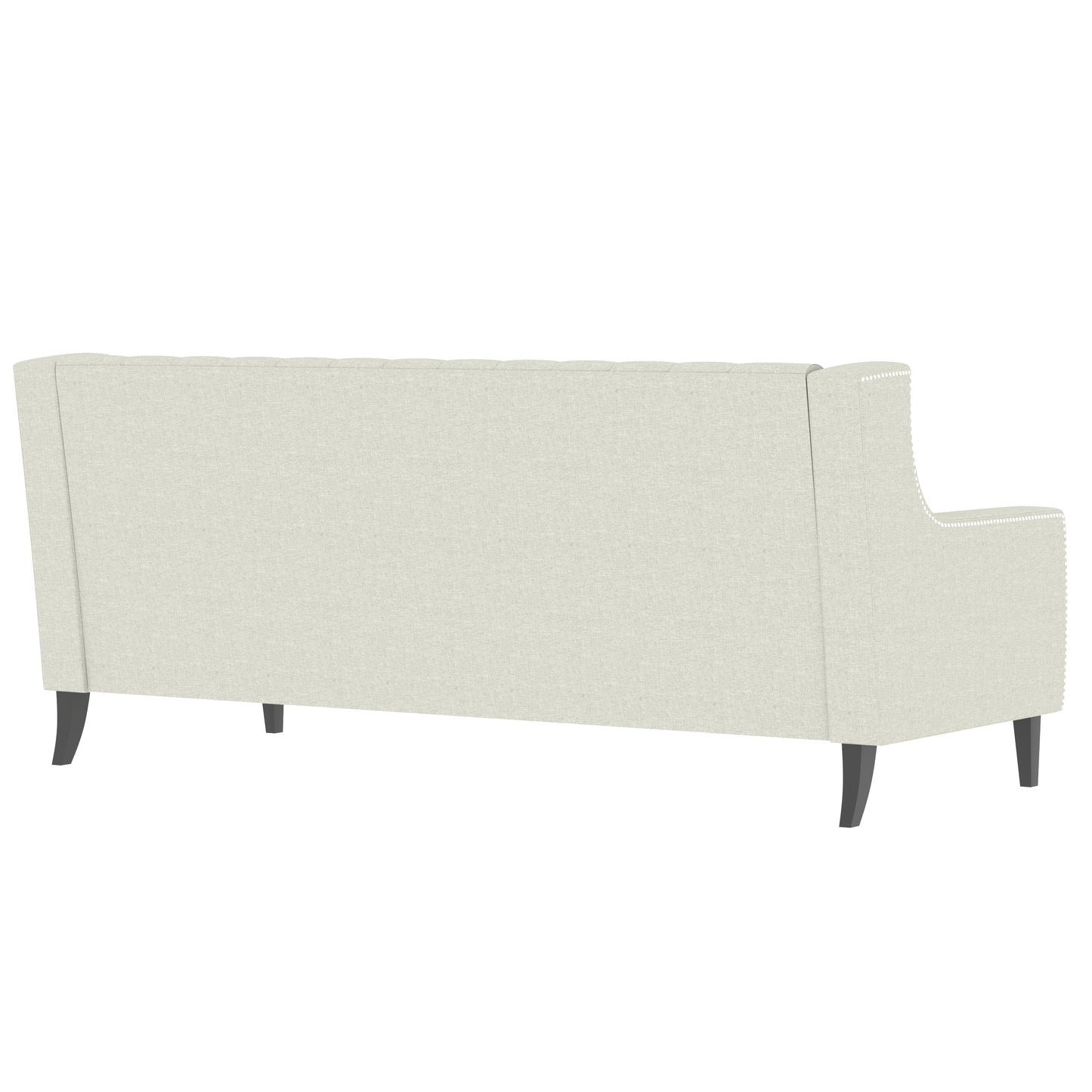 Back view of a tufted light beige fabric sofa with nailhead trim detail and dark tapered legs  inches wide