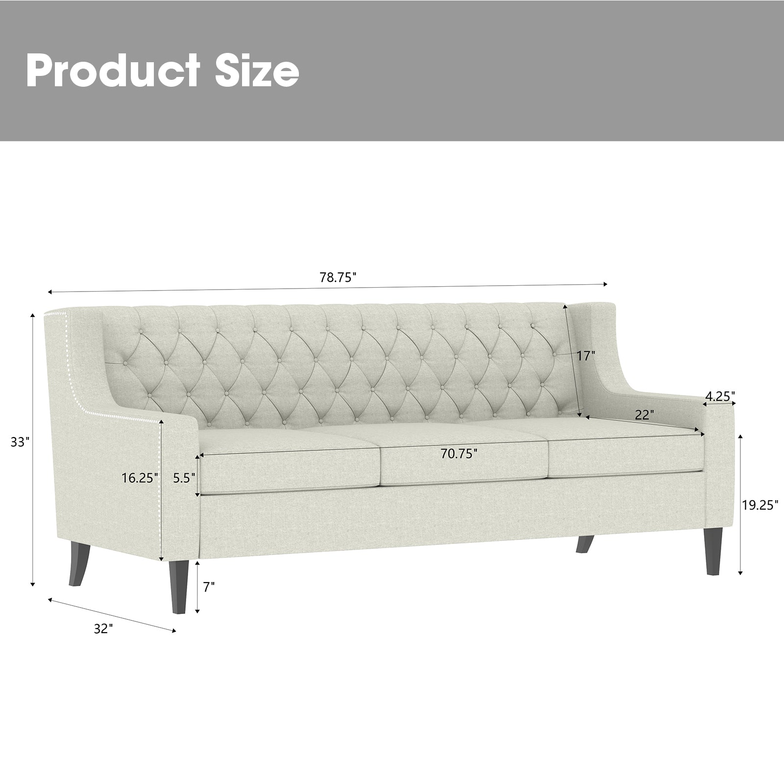 Tufted beige fabric sofa with nailhead trim accents and tapered legs  inches wide