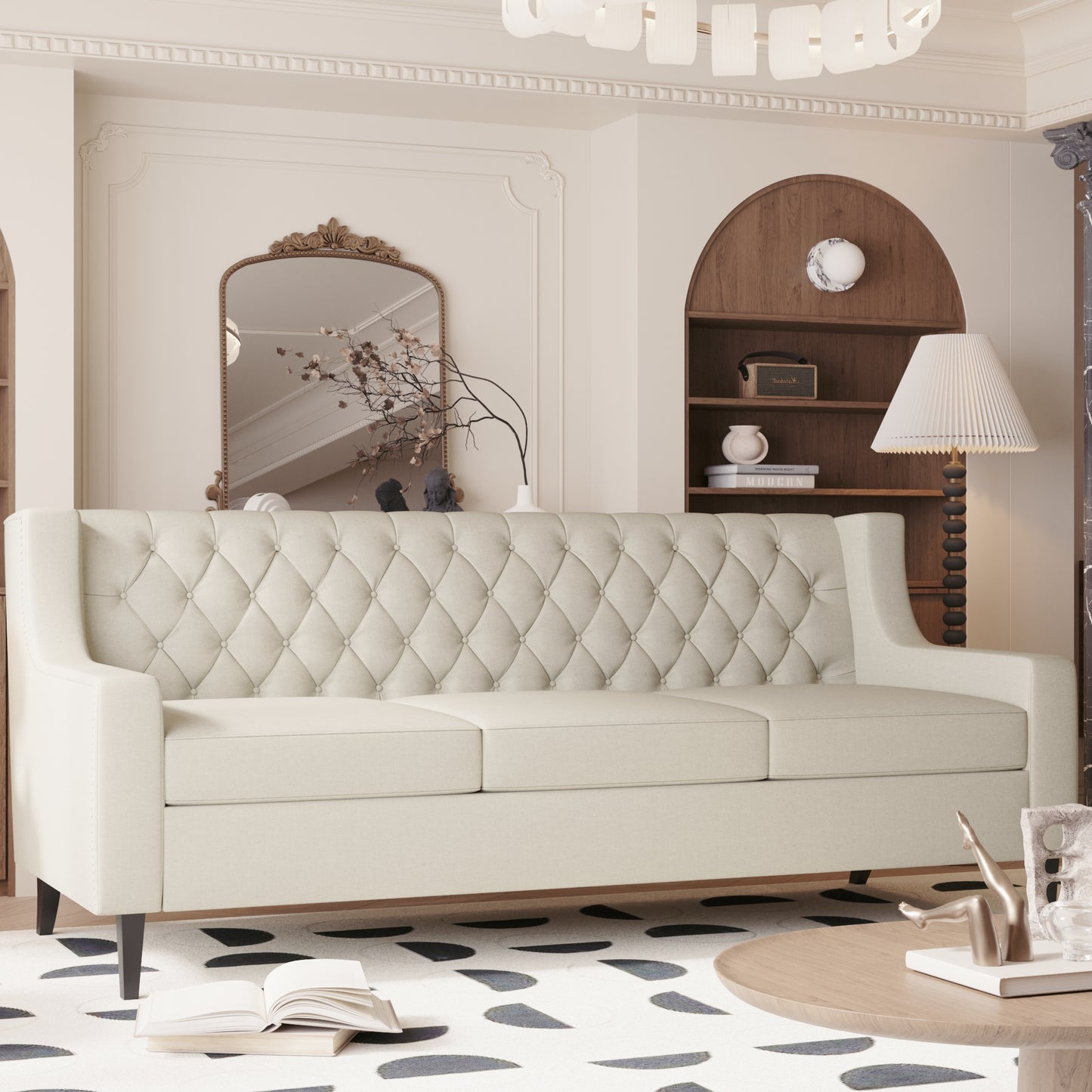 Offwhite linen sofa with diamond tufting and tapered wooden legs