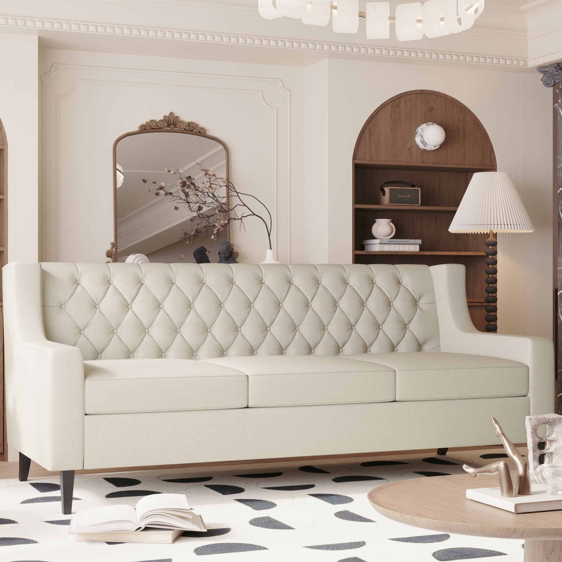 Offwhite linen sofa with diamond tufting and tapered wooden legs