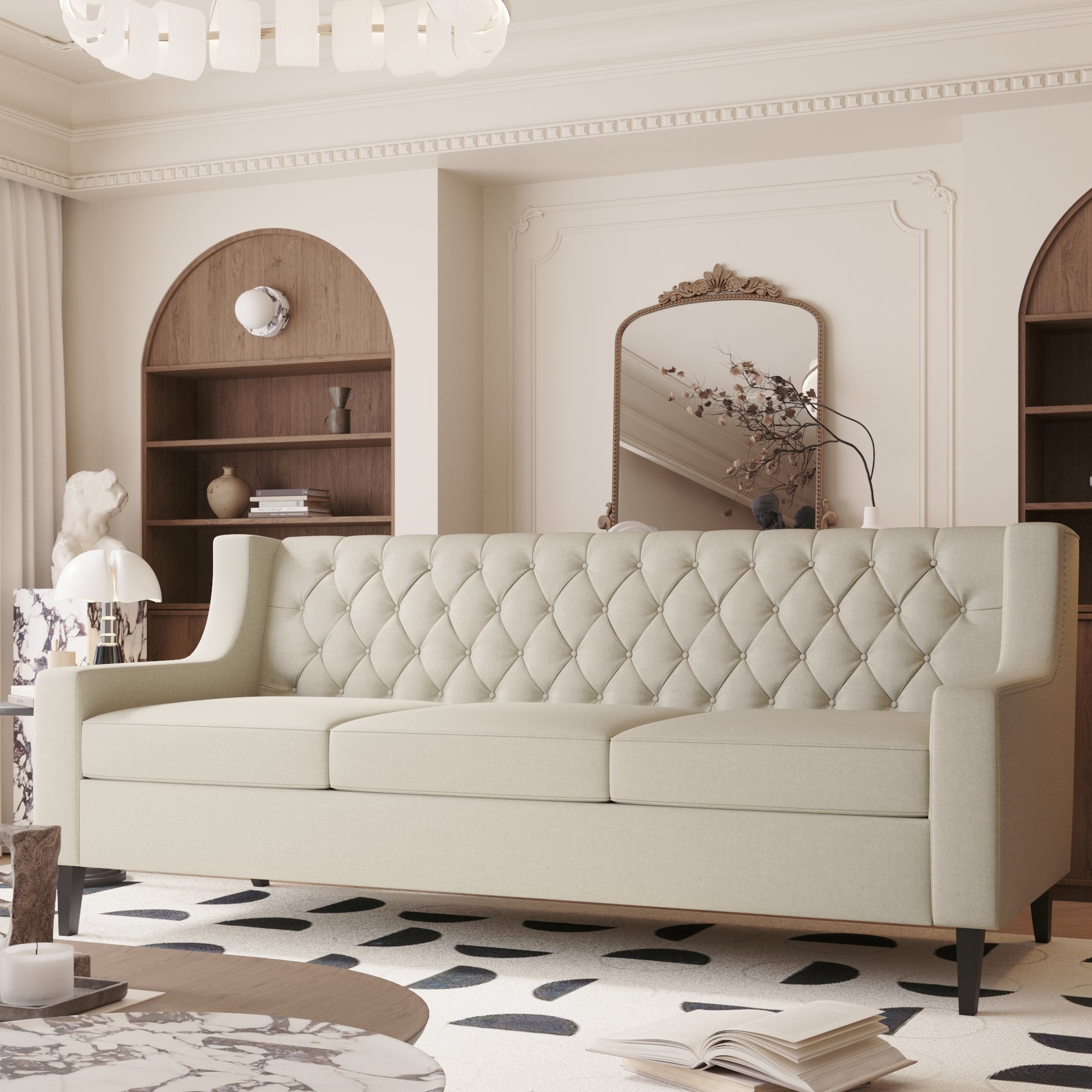 Beige fabric tufted sofa with diamond stitching a classic centerpiece for any living room