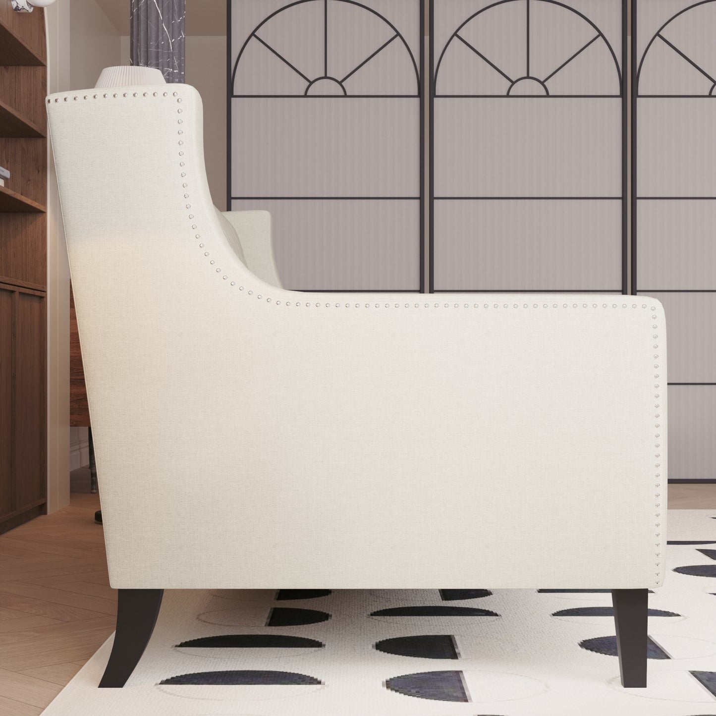 Cream linen accent chair with nailhead trim detail modern living room furniture