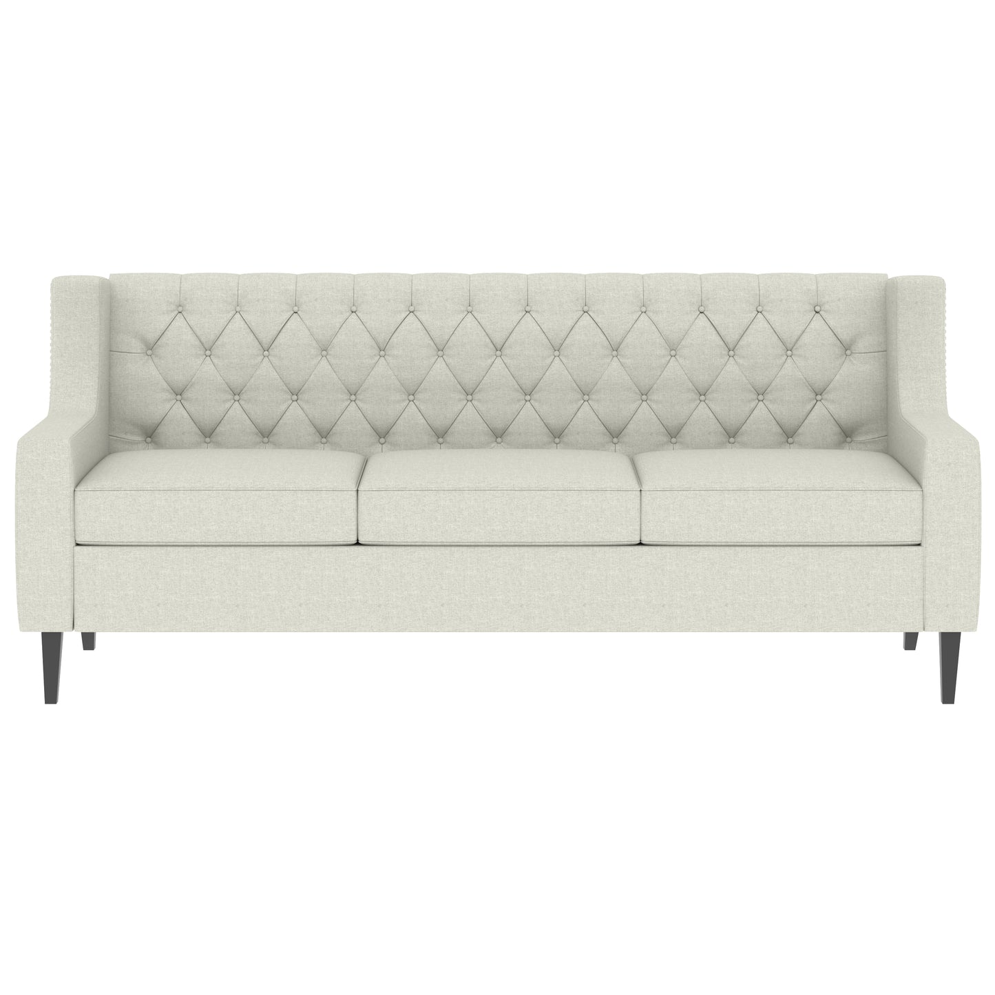 Cream upholstered chesterfield sofa with diamond tufting and high wings