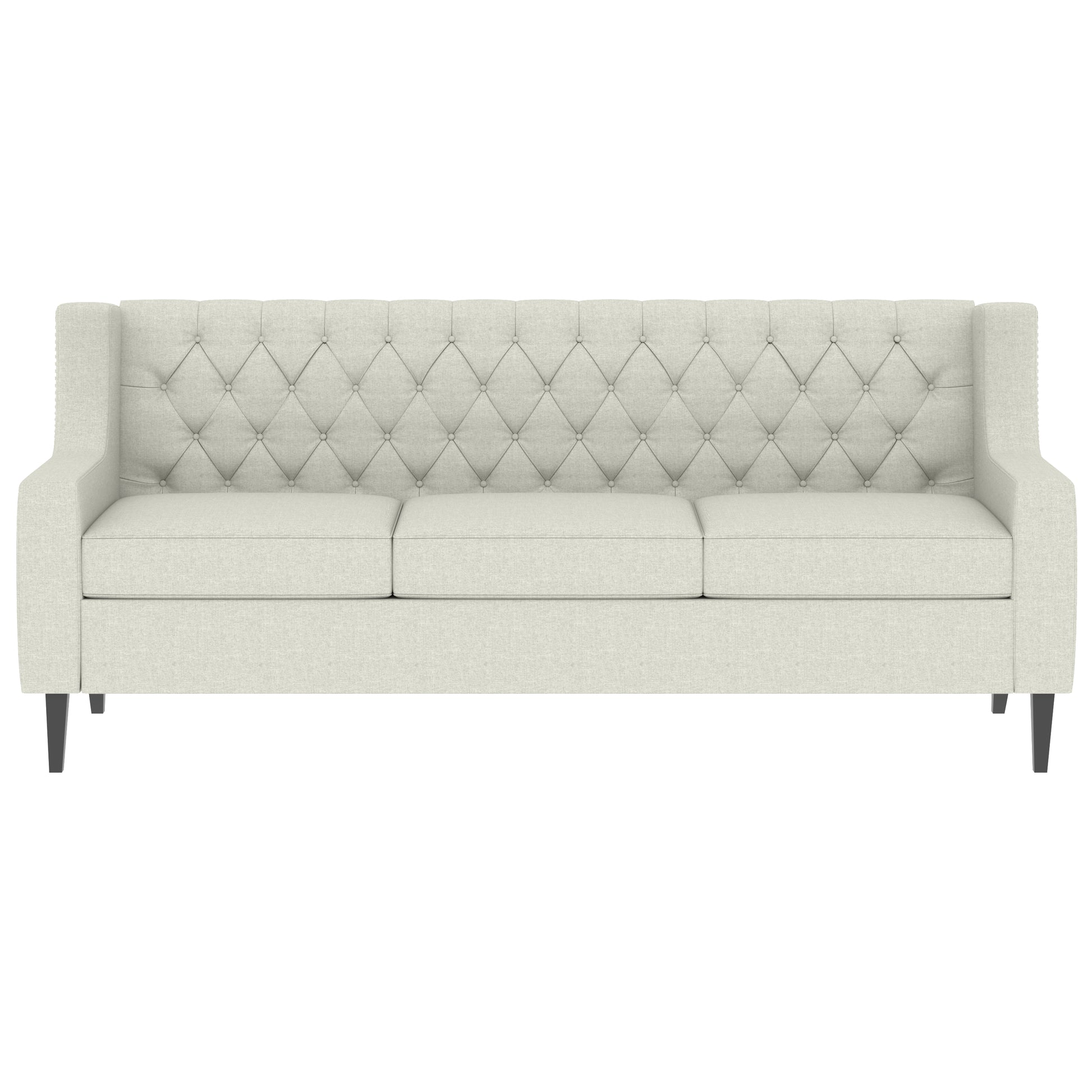 Cream upholstered chesterfield sofa with diamond tufting and high wings