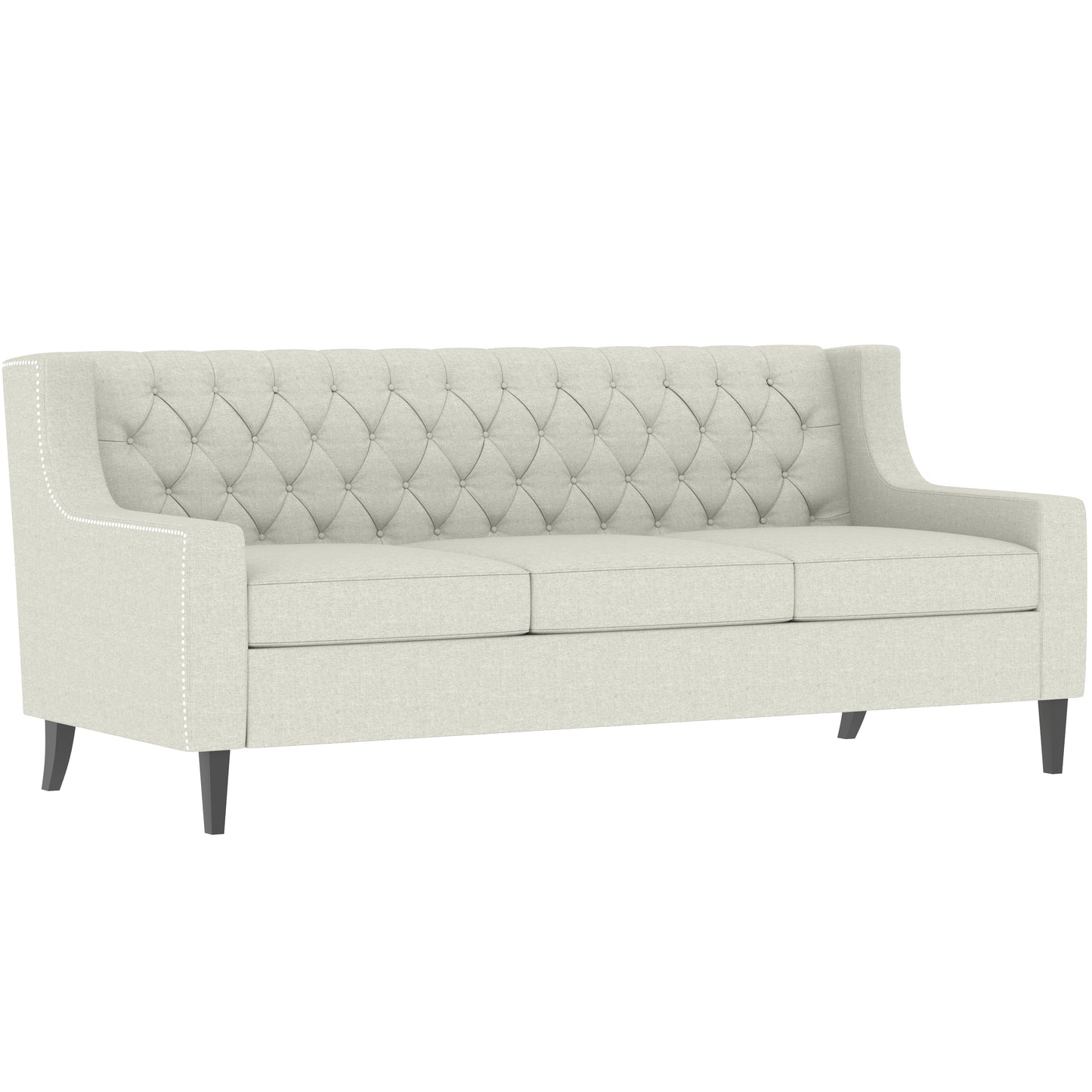 Tufted cream fabric sofa with nailhead trim and dark wood legs classic style for living room