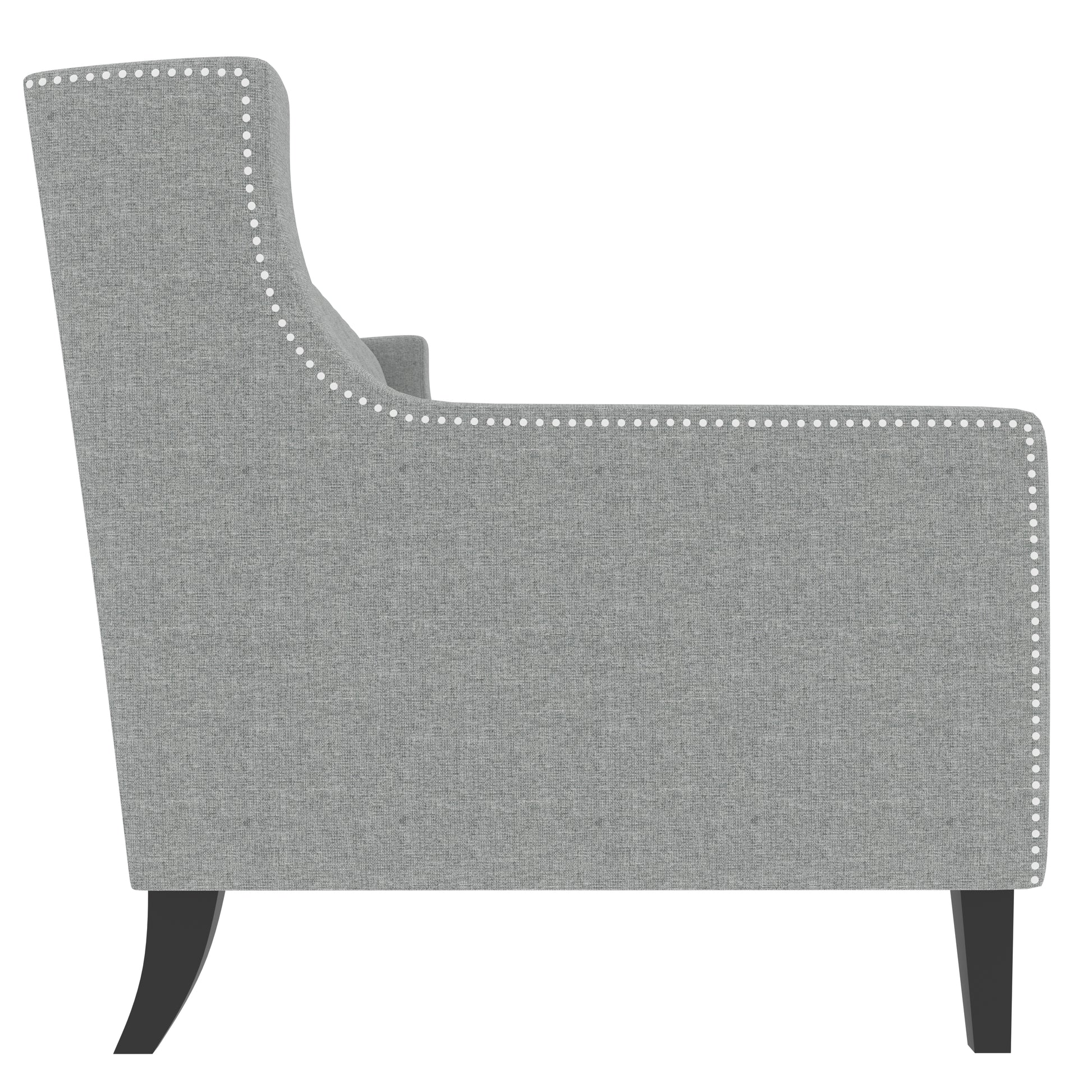 Grey upholstered accent chair with nailhead trim
