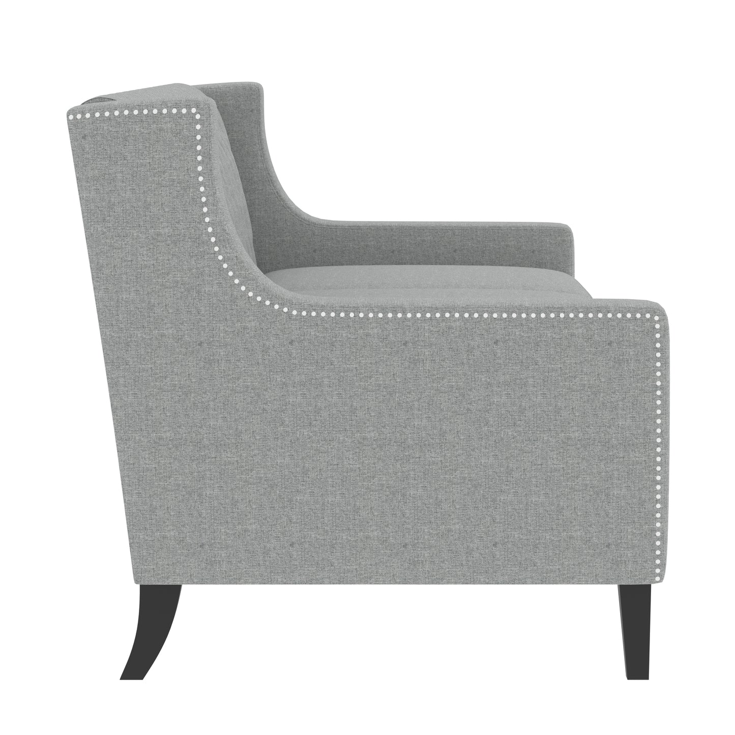 Grey fabric loveseat with nailhead trim and dark tapered legs