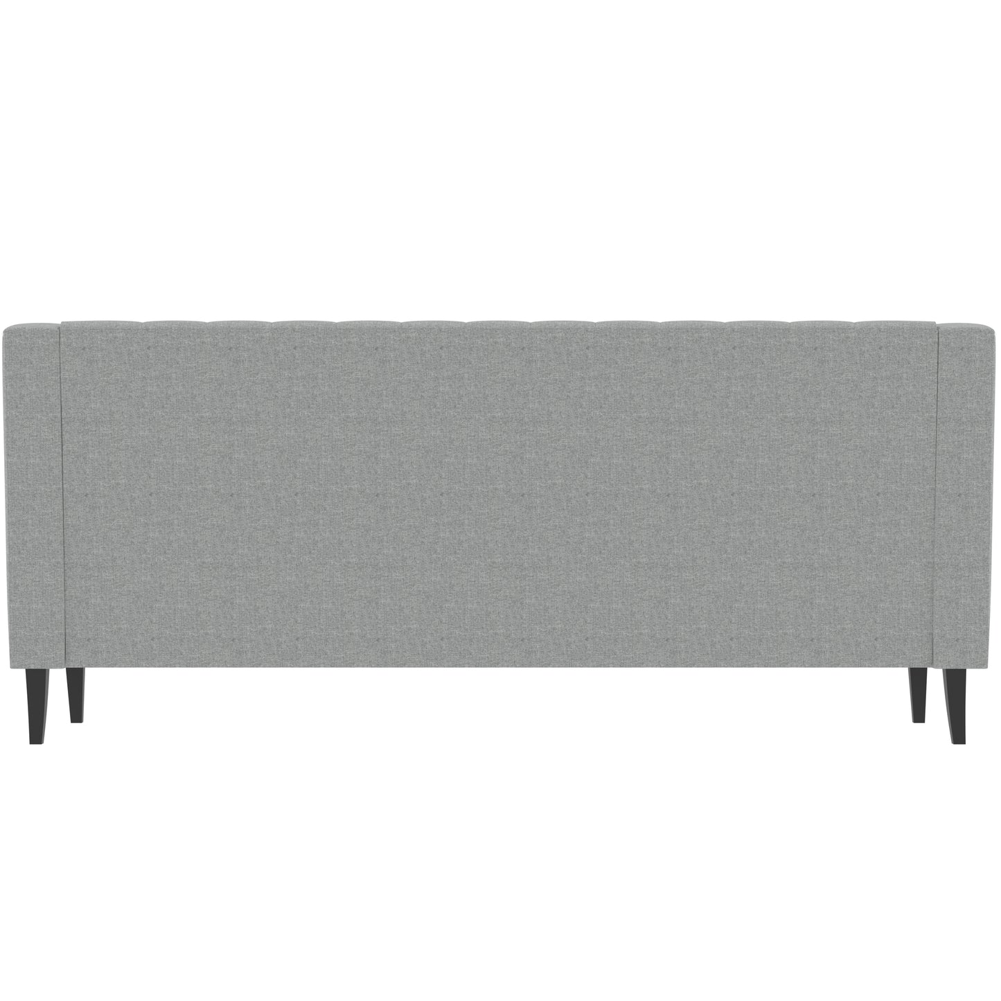 Tufted grey fabric headboard with clean lines and dark wooden legs