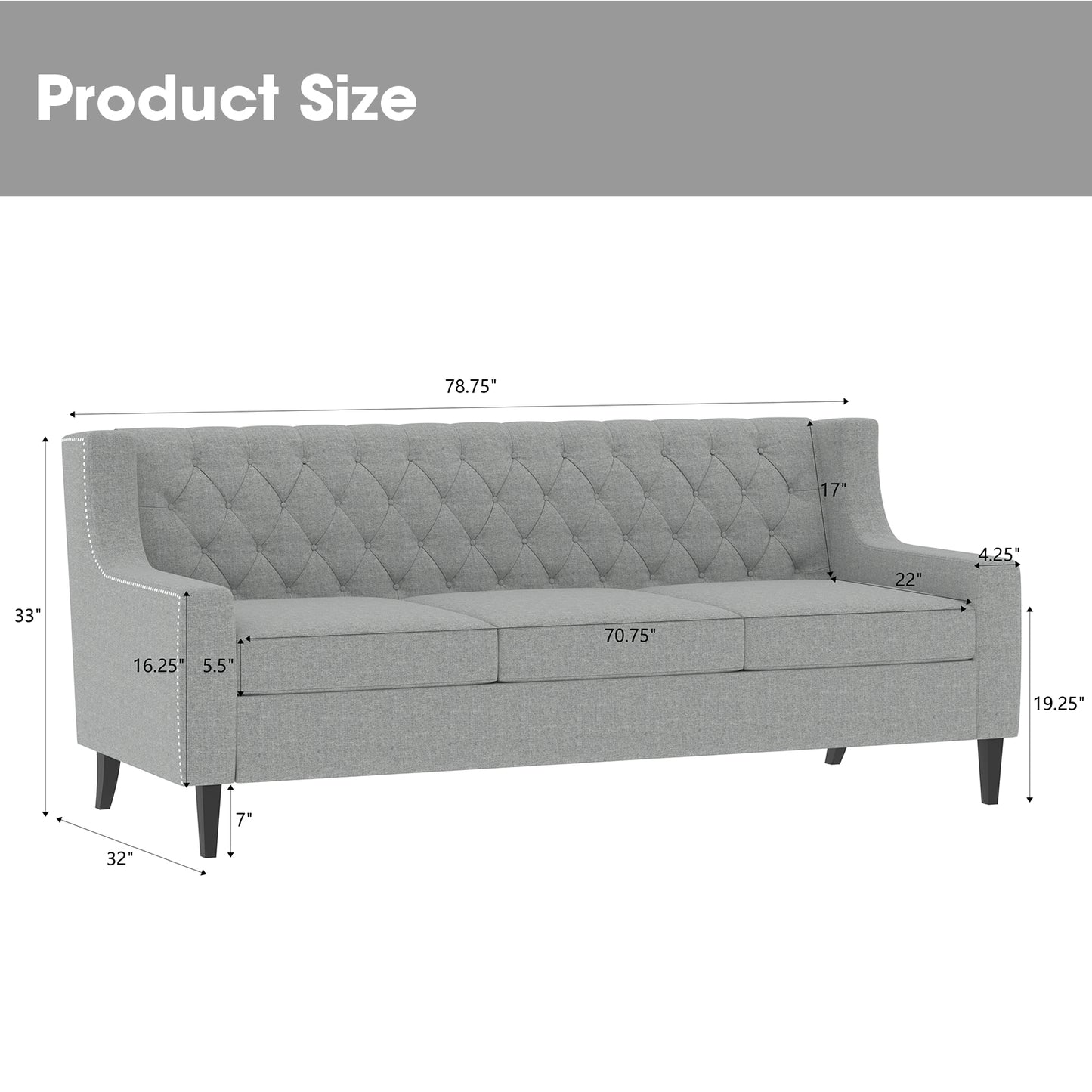 Tufted grey fabric sofa with studded armrests  inches wide