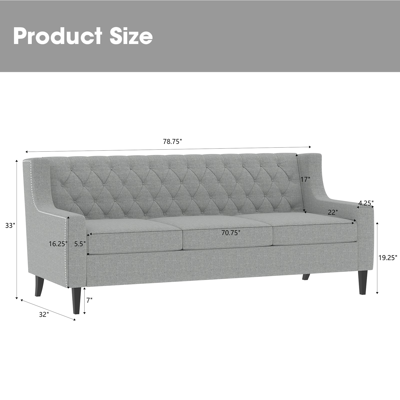 Tufted grey fabric sofa with studded armrests  inches wide