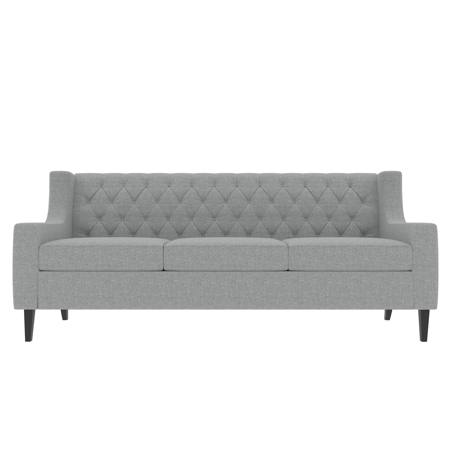 Gray tufted sofa with three plush seat cushions and rolled arms midcentury modern style