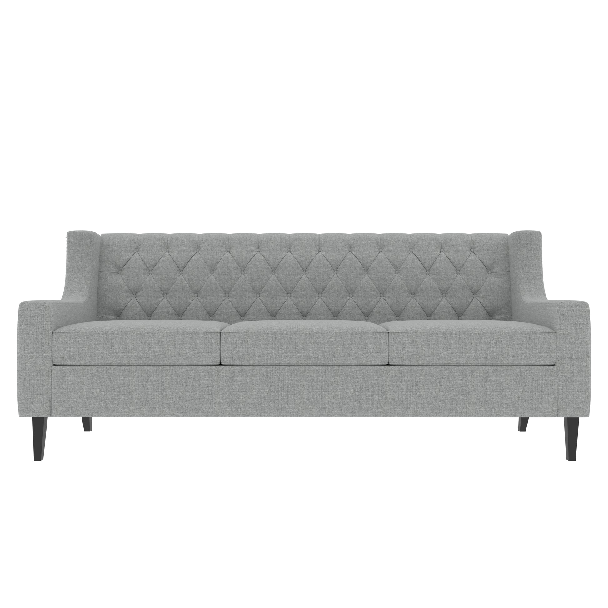 Gray tufted sofa with three plush seat cushions and rolled arms midcentury modern style