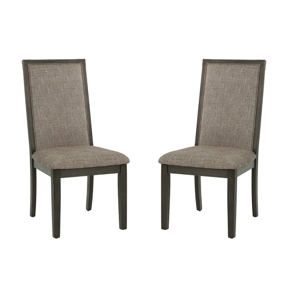 Pair of gray upholstered dining chairs with dark wood frames