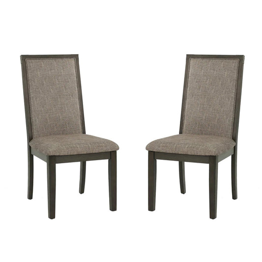 Pair of gray upholstered dining chairs with dark wood frames