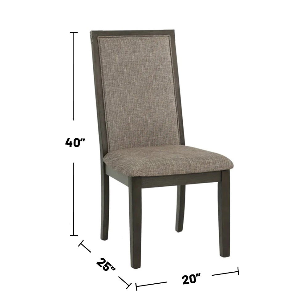 Upholstered dining chair with grey textured fabric and dark wood frame  H x  D x  W