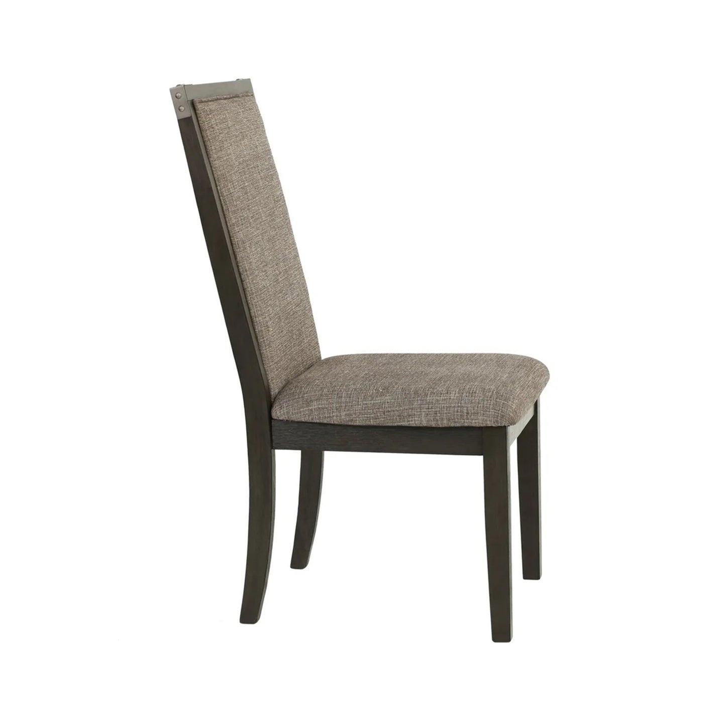 Modern dining chair with dark wood frame and textured gray upholstered seat and back