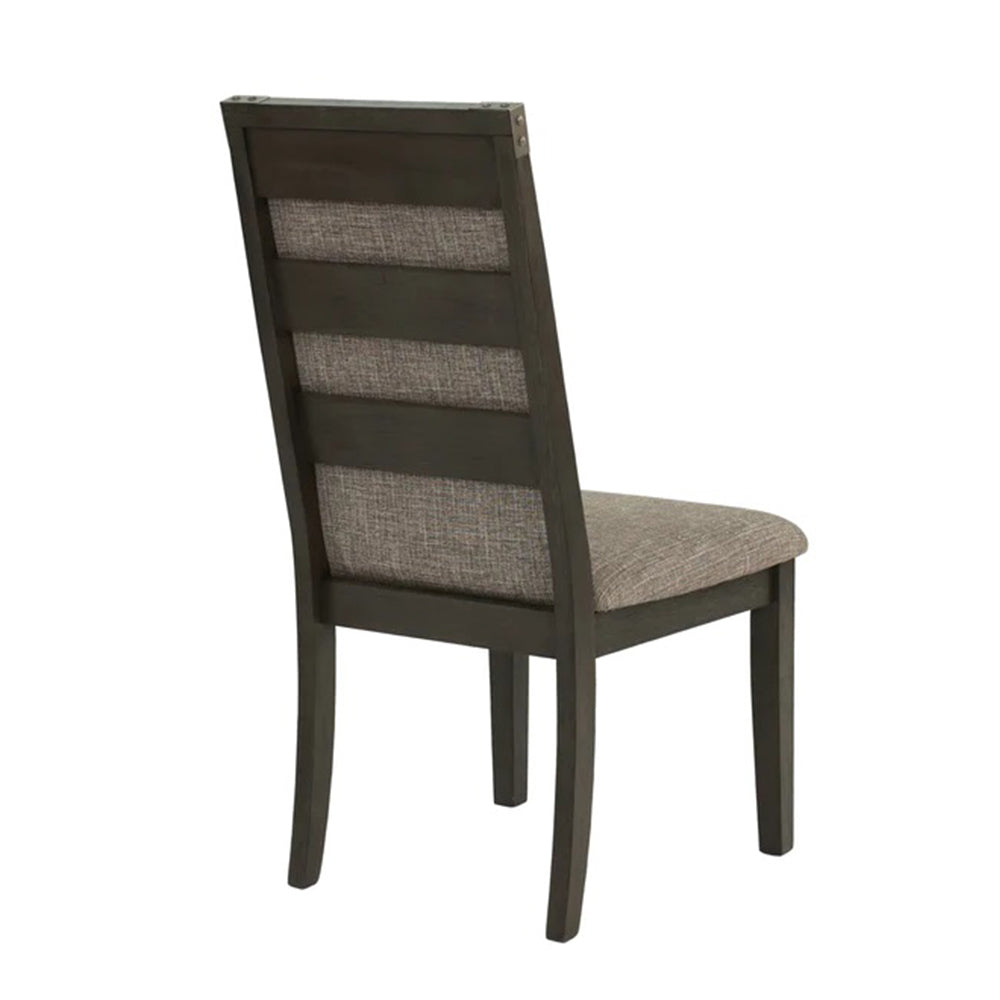 Dark gray upholstered dining chair with horizontal wooden slats on the back