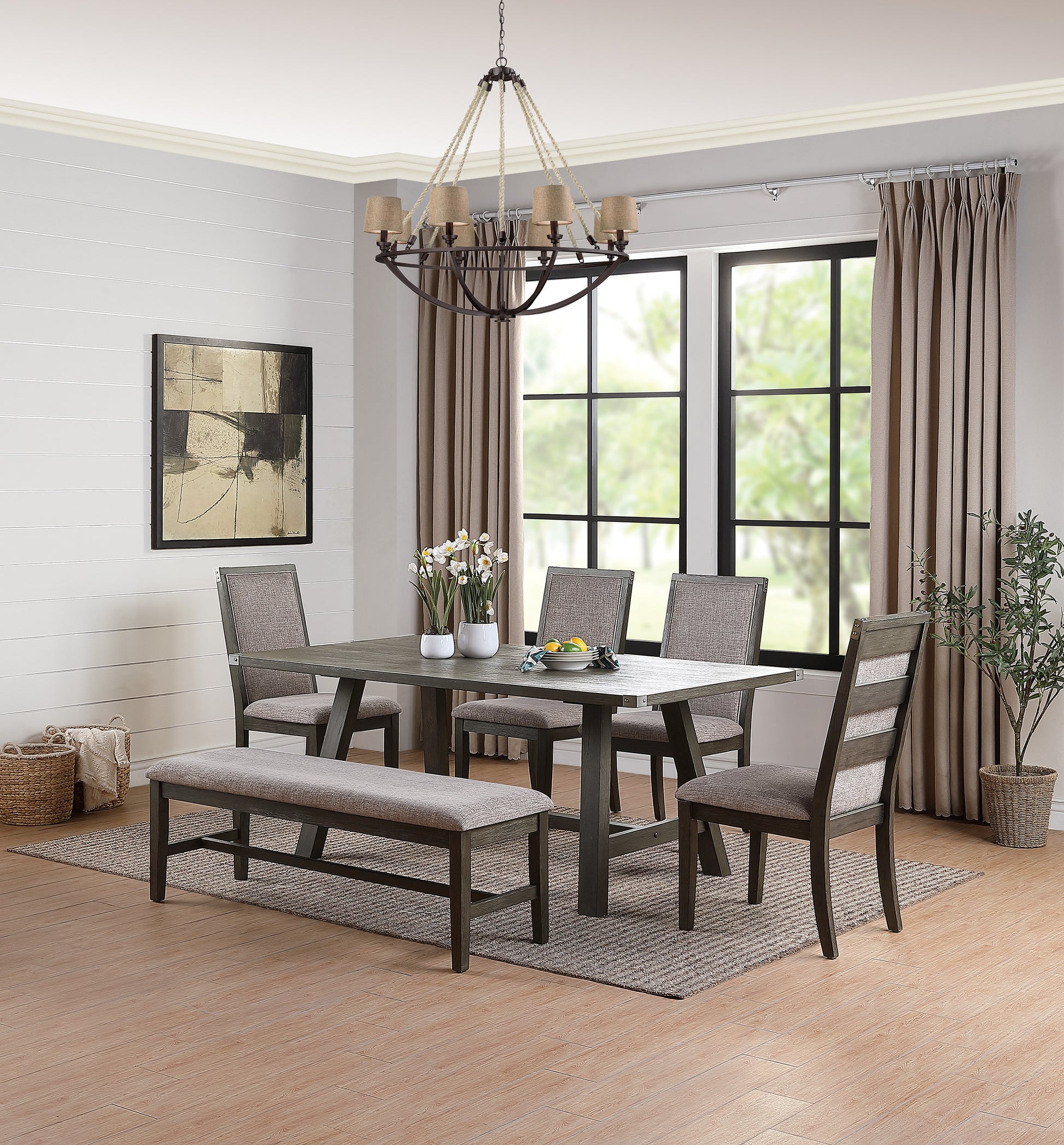 Rustic gray dining set with upholstered chairs and bench perfect for family meals
