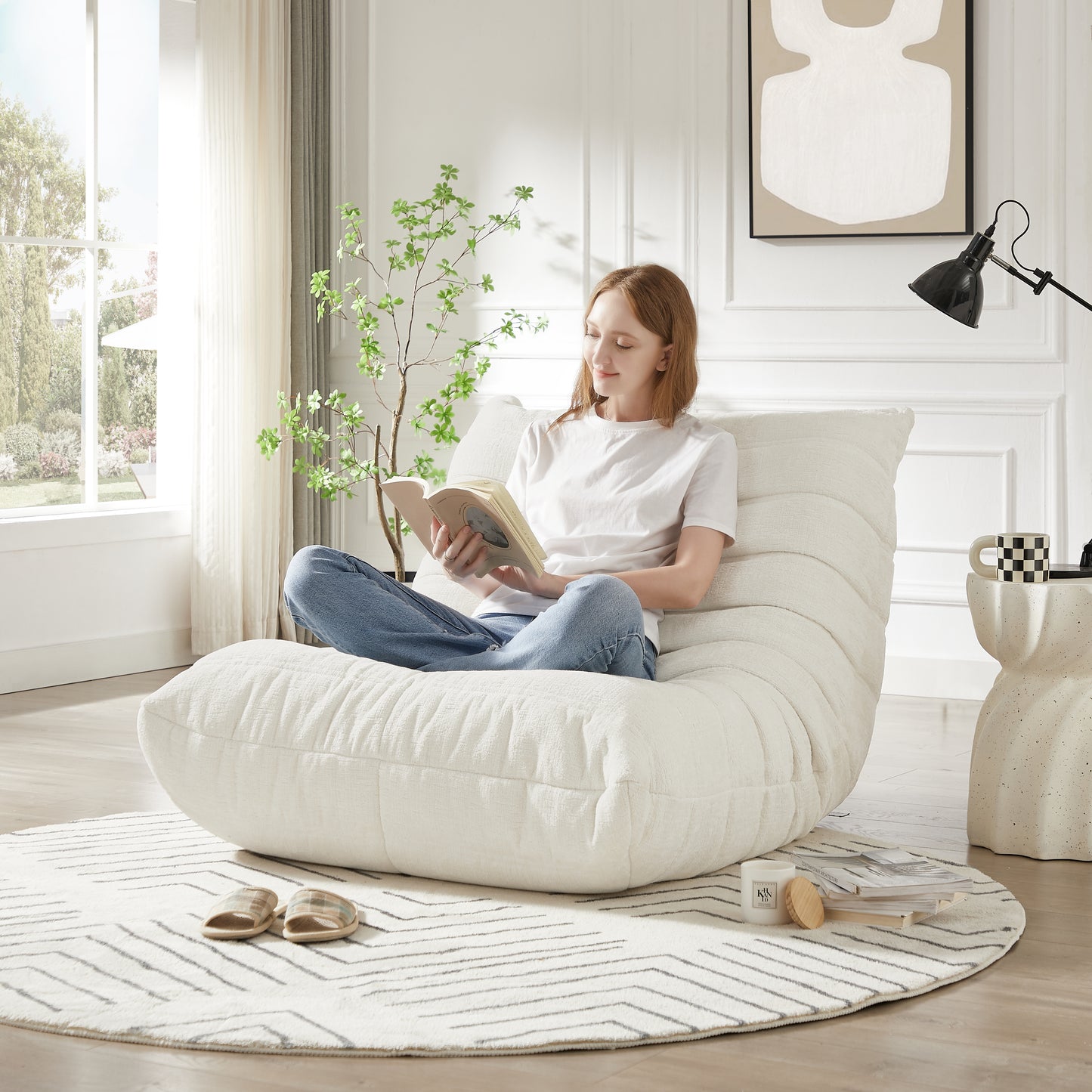 Plush cream bean bag chair with channel tufting perfect for casual living rooms