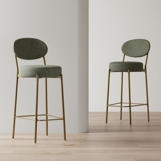 Olive green upholstered bar stool with gold metal frame perfect for modern kitchens
