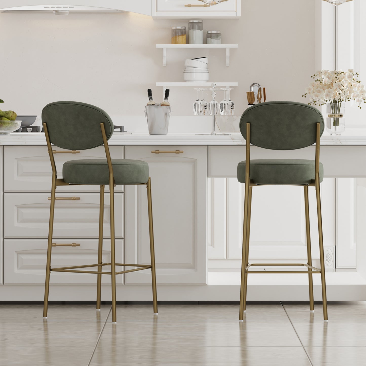 Green velvet bar stool with gold metal legs modern kitchen seating
