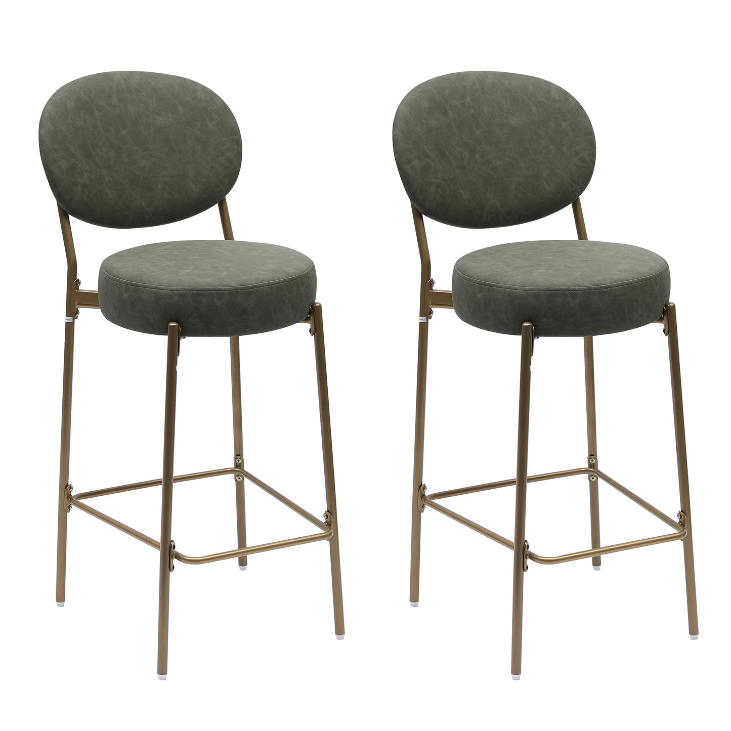 Two grey faux leather bar stools with gold metal frames and round seats and backs