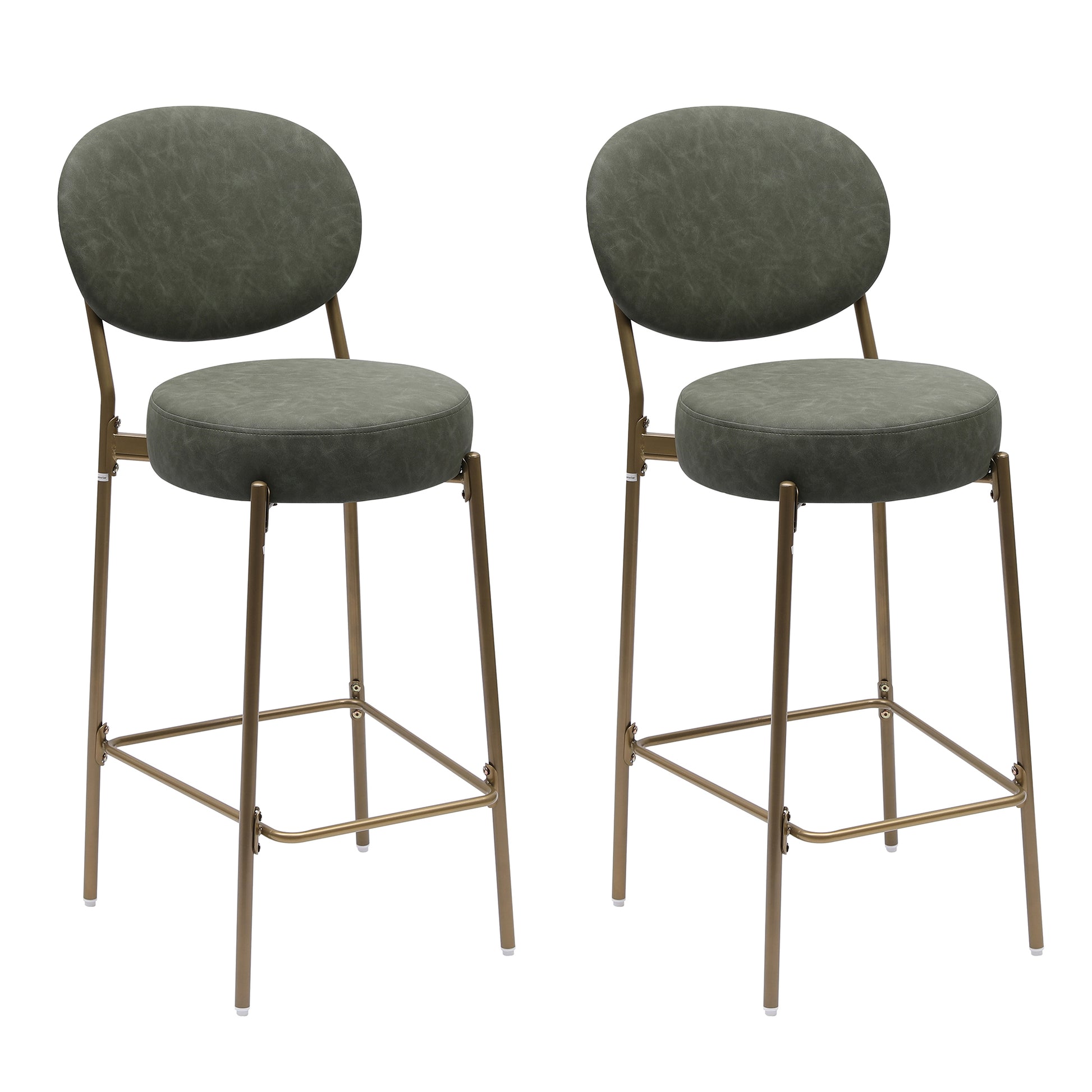 Two grey faux leather bar stools with gold metal frames and round seats and backs