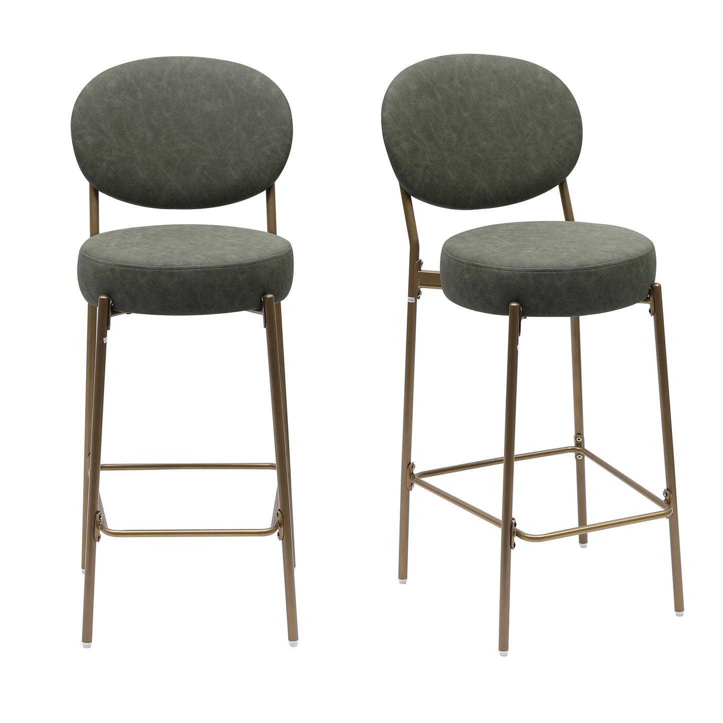 Two olive green faux leather bar stools with gold metal legs and round seats and backs perfect for modern kitchens