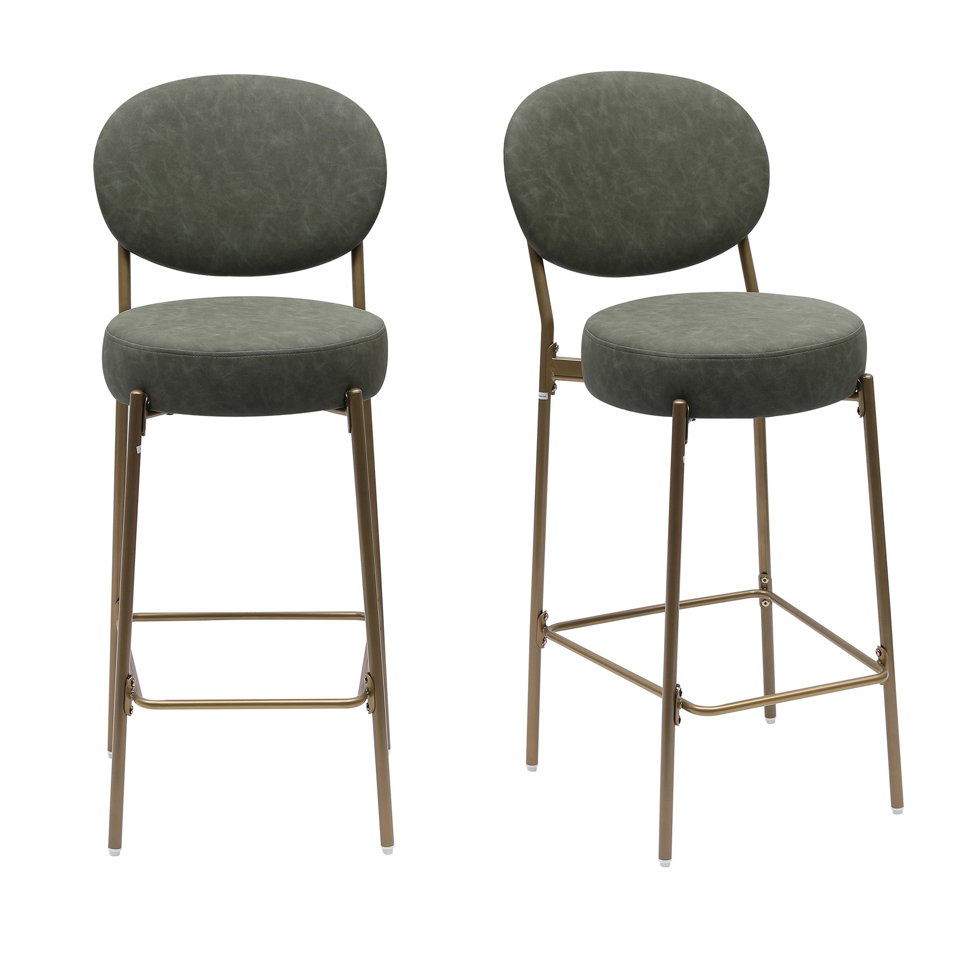 Two olive green faux leather bar stools with gold metal legs and round seats and backs perfect for modern kitchens