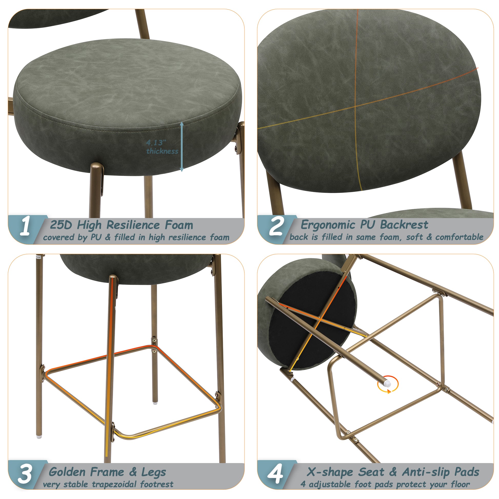 Grey round bar stool with thick inch high resilience foam seat