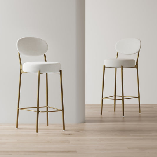 Cream velvet bar stool with brushed gold metal legs and round seat