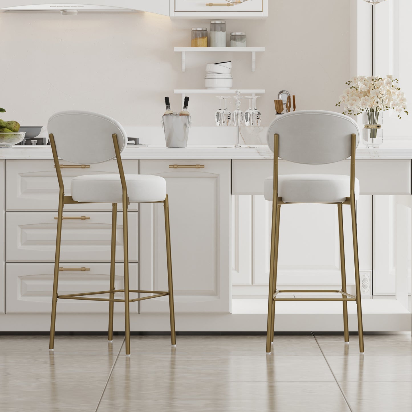 White upholstered bar stool with gold metal legs elegant kitchen seating