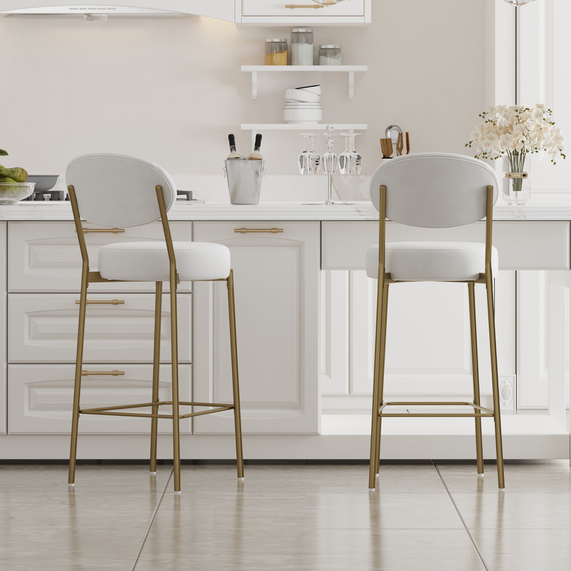 White upholstered bar stool with gold metal legs elegant kitchen seating