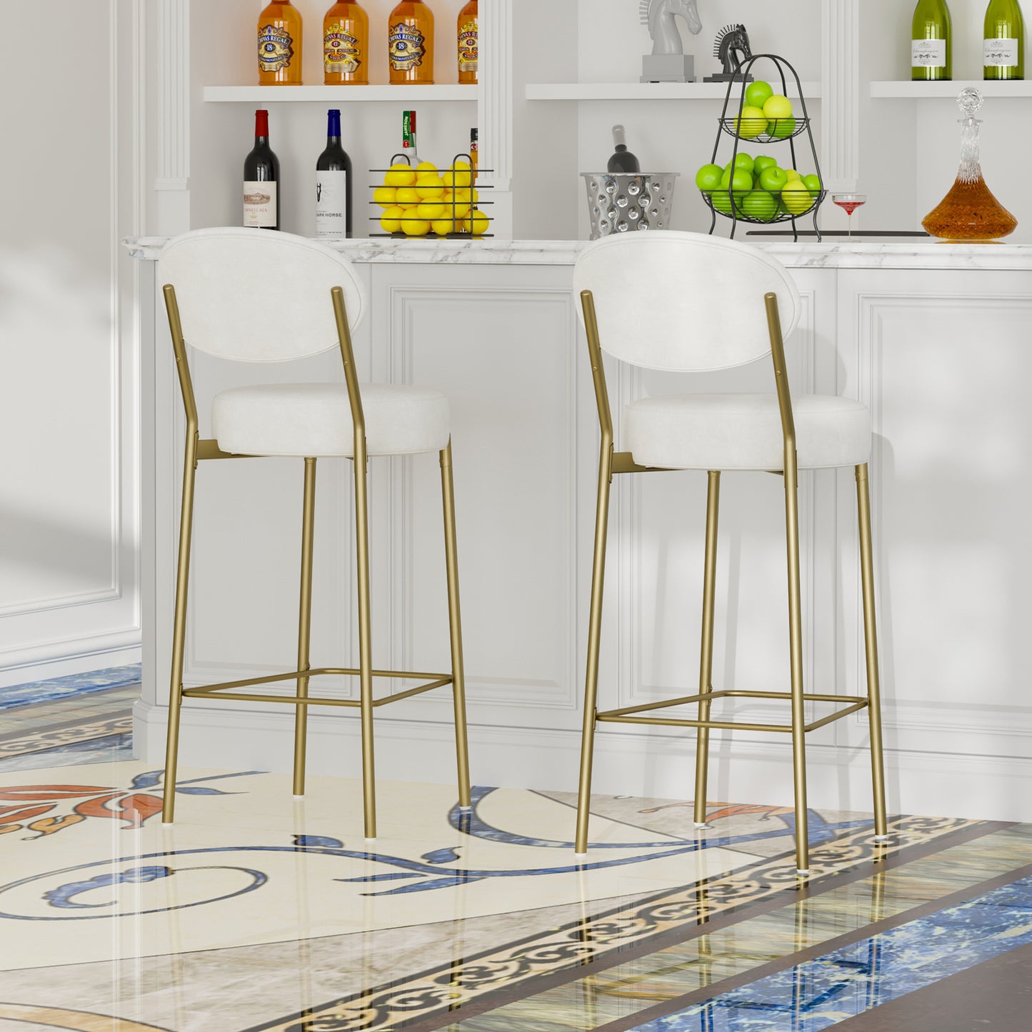 Two white upholstered bar stools with gold metal legs in a modern home bar setting
