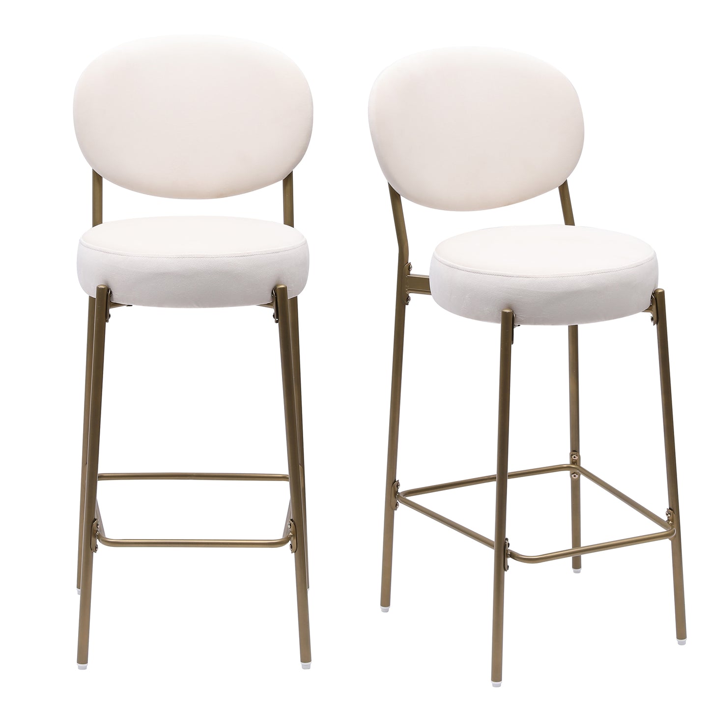 Two cream upholstered bar stools with gold metal legs and footrests